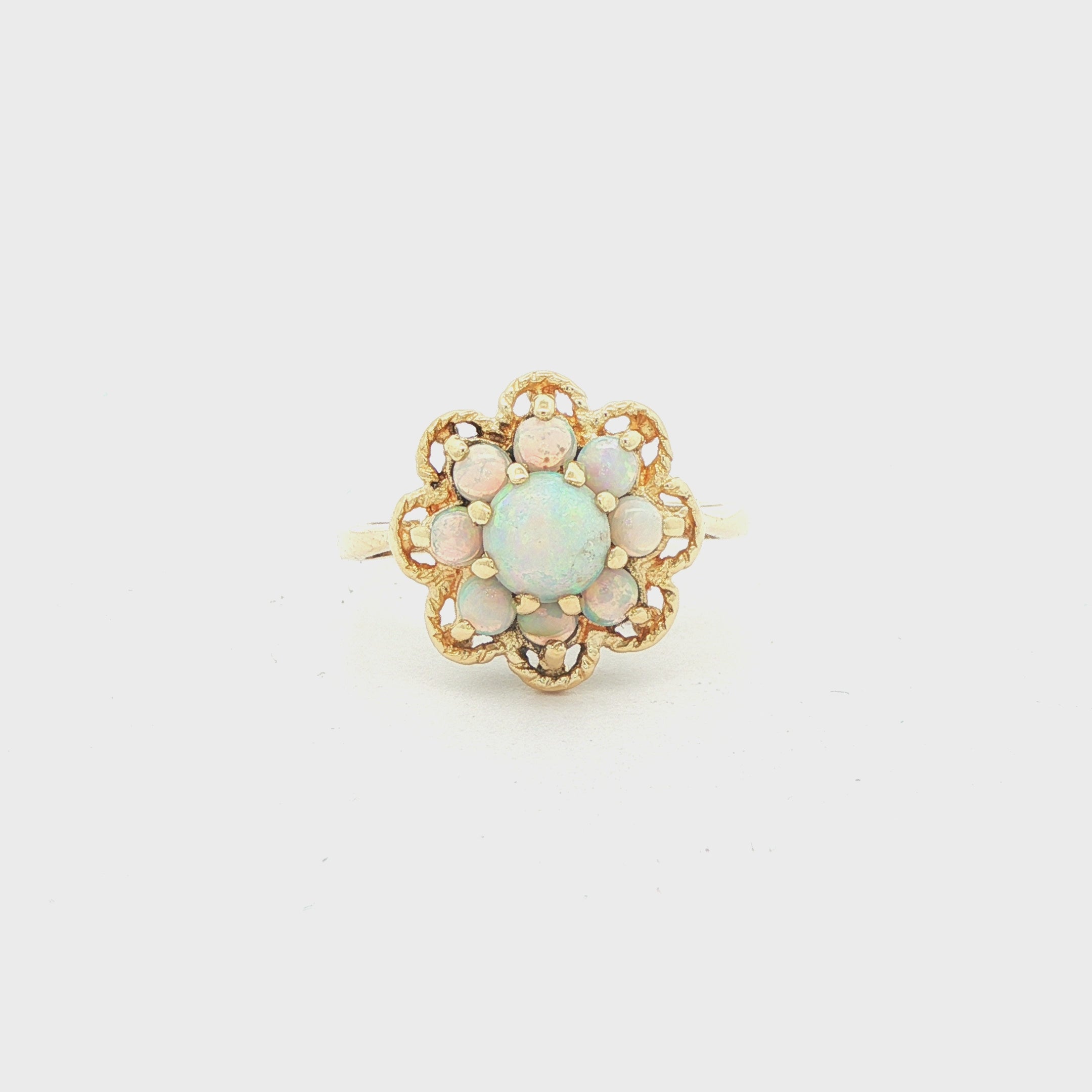 10k Yellow Gold Opal Cluster Ring with Filagree Halo