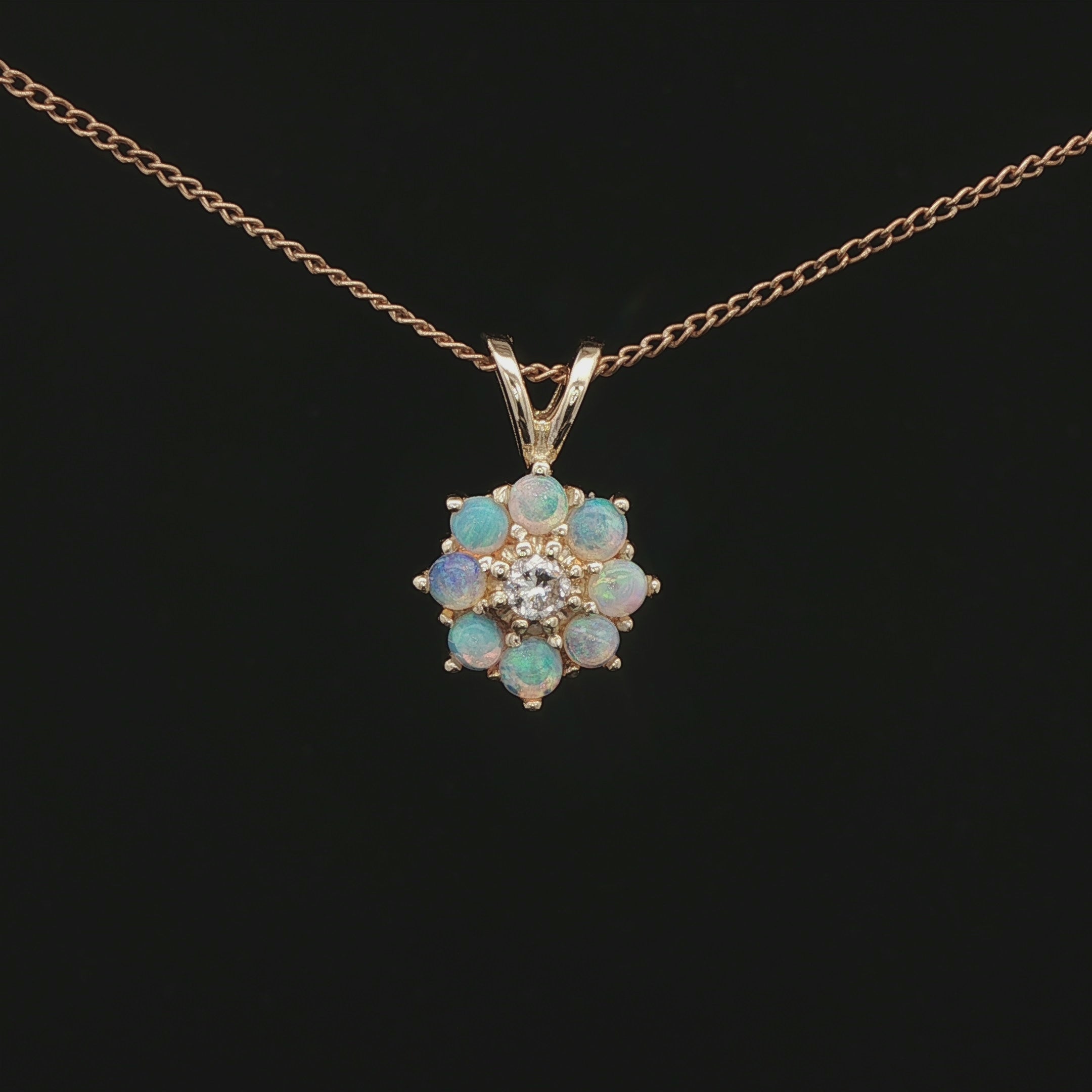 14k Yellow Gold Opal Floral Diamond Center Pendant