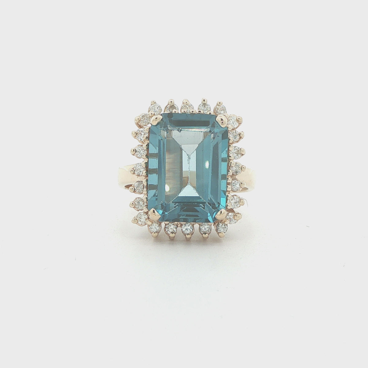 Vintage 14K Yellow Gold London Blue Topaz & Diamond Halo Ring – Size 8