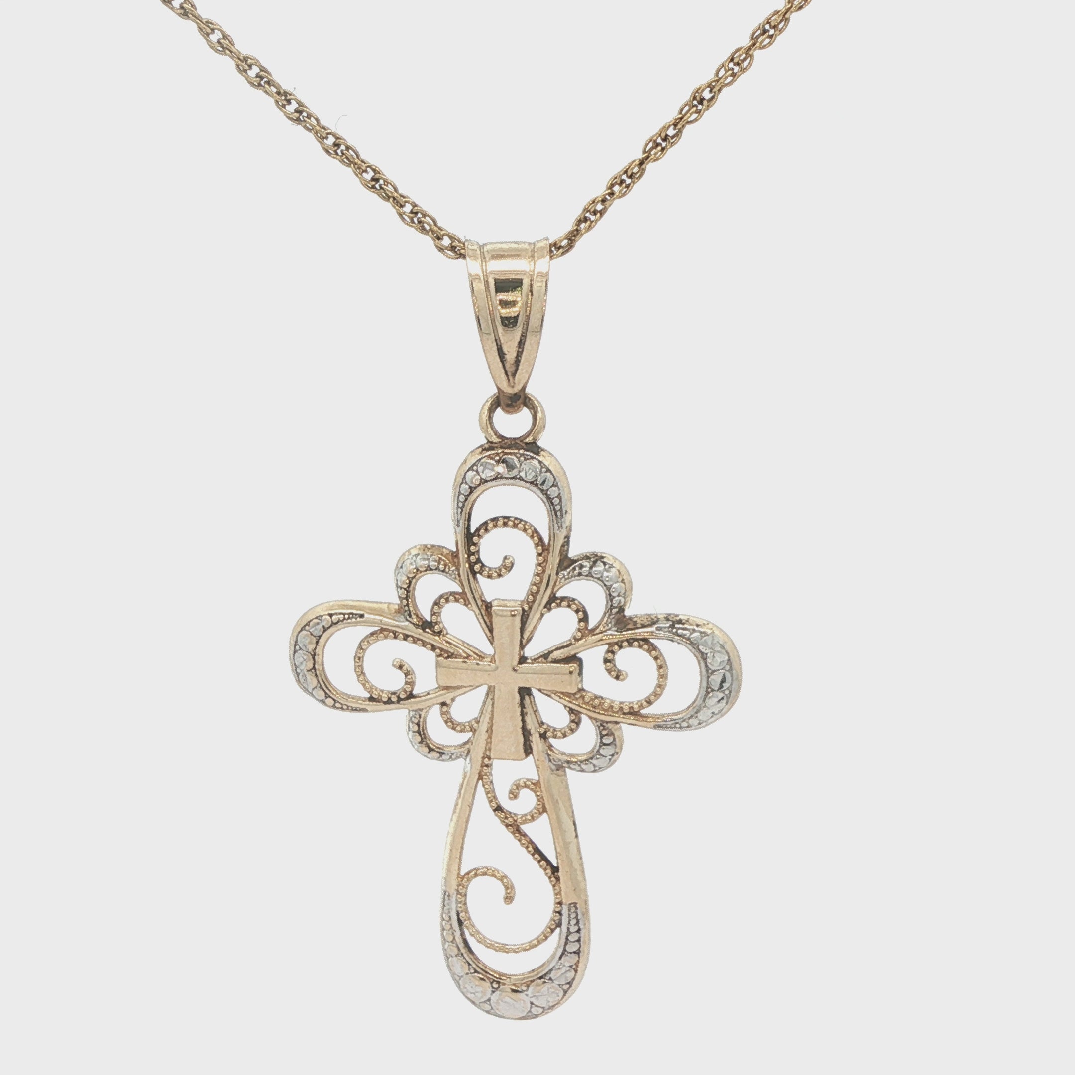 Estate 14K Two-Tone Yellow Gold Filigree Cross Pendant – Circa 1990 – 29.8mm