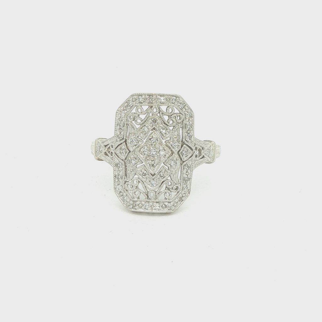 Estate Vintage Circa 1925 Art Deco 14K White Gold Diamond Filigree Plaque Ring Size 10