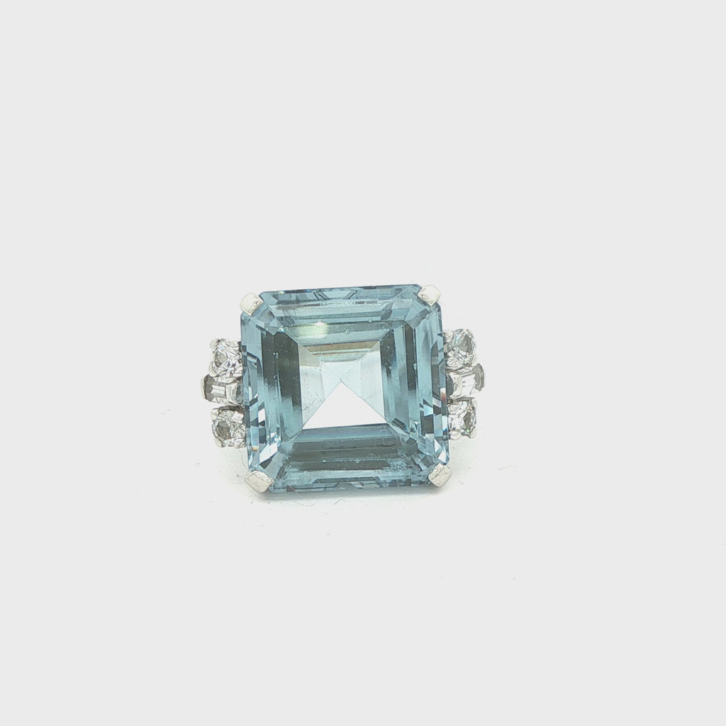 Vintage Estate Natural Aquamarine Diamond Ring – 14K White Gold – Approx. 10 Carats