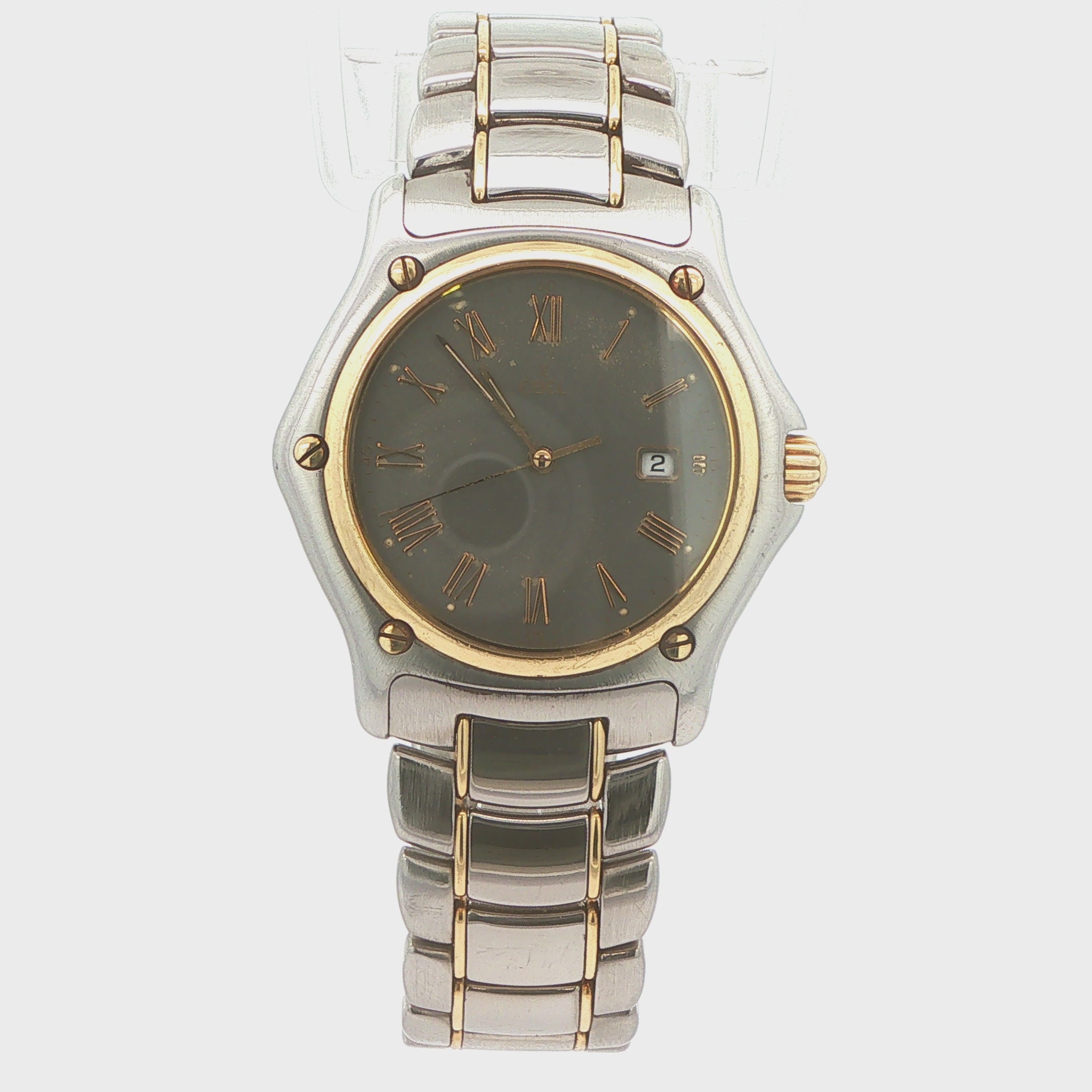 Estate Ebel 1911 Swiss Quartz Watch 37mm Stainless Steel with 18K Gold Bezel Gray Dial