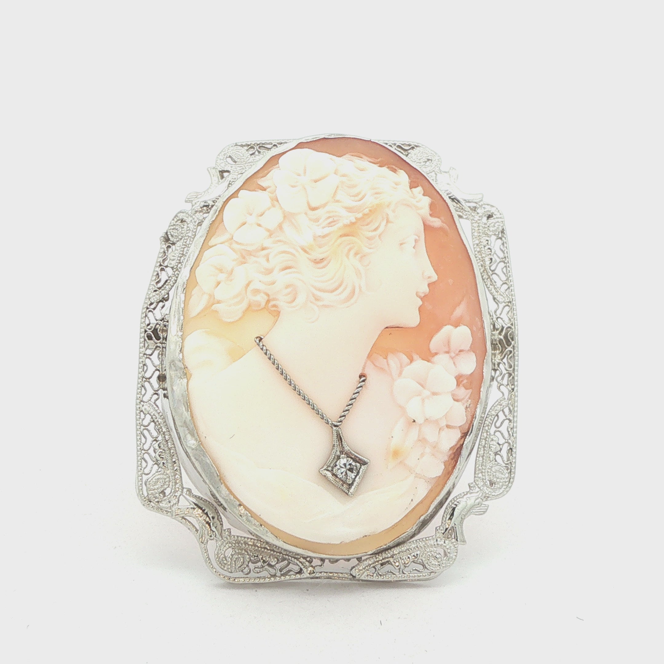 Circa 1920s 14K White Gold Floral Cameo Brooch Pendant – Vintage Openwork Frame