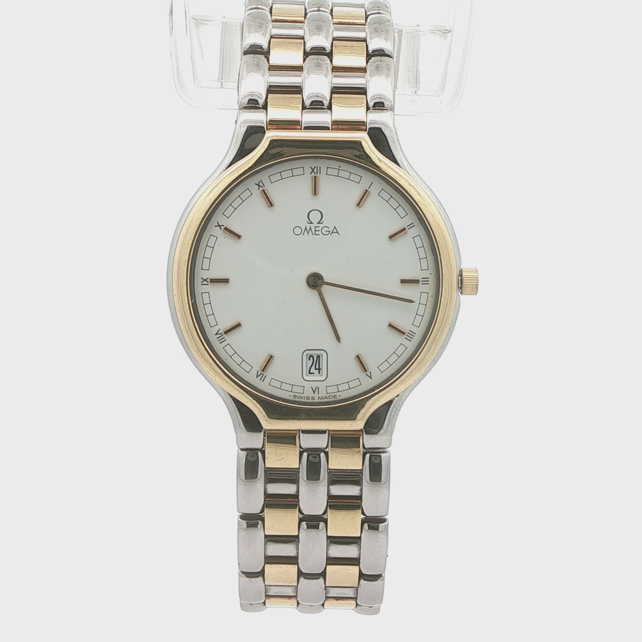 Estate Omega De Ville Quartz Two-Tone Watch Ref. 196.0316 Cal. 1436 White Roman Dial 18K Bezel Circa 1990–1992