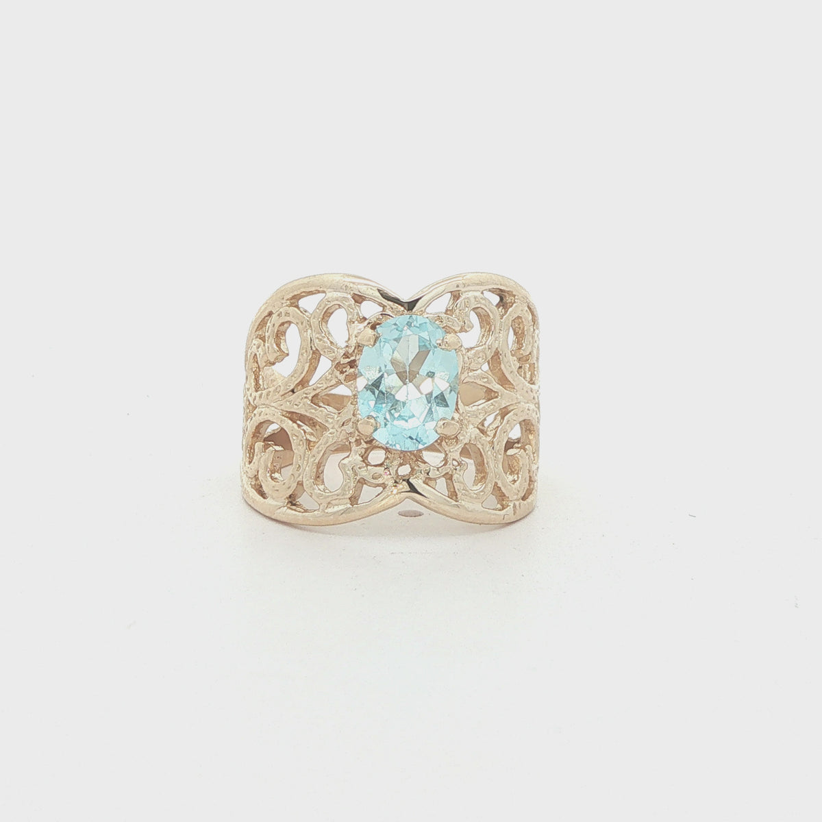 Vintage 14K Yellow Gold Oval Aquamarine Filigree Ring – Size 6.50