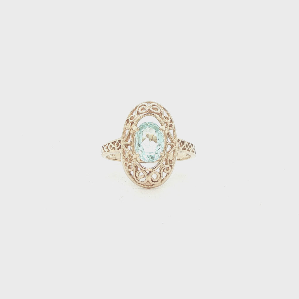 14K Yellow Gold Natural Aquamarine Filigree Ring – Approx. 0.75 CT