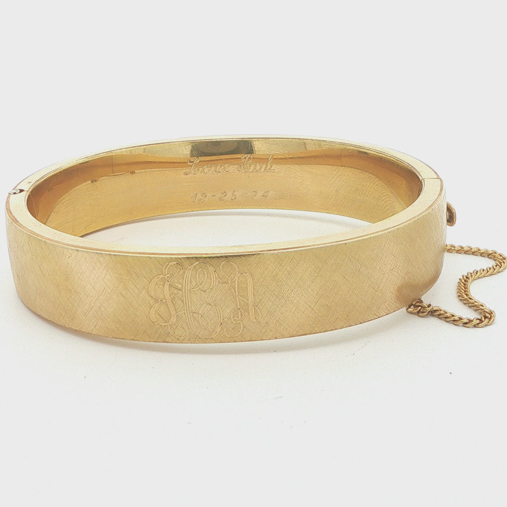 Estate Vintage 1974 Love Bangle 1/20 12K Gold Filled Florentine Finish Hinged Bracelet Safety Chain