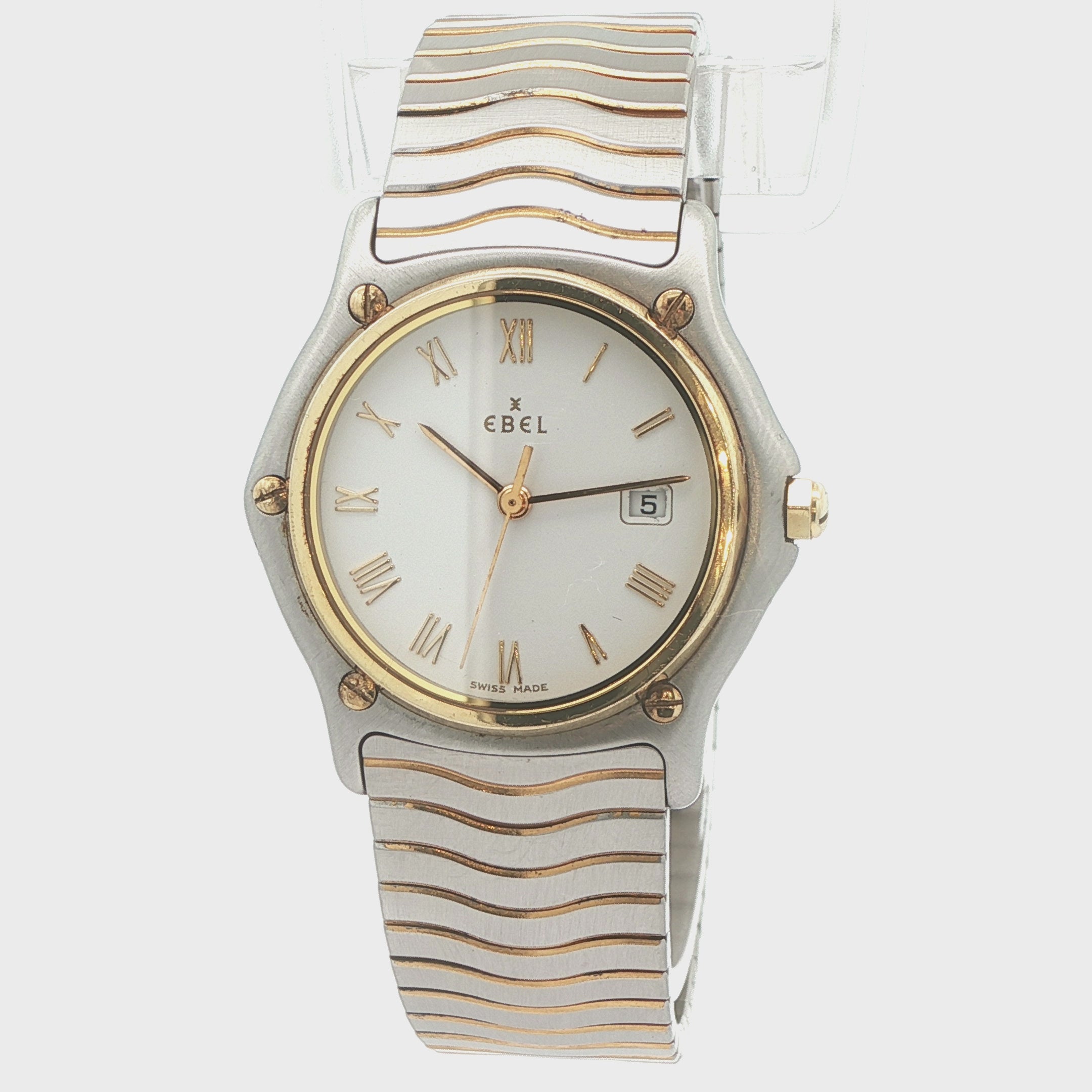 Estate Vintage Ebel Two-Tone Quartz Watch with 18K Gold Bezel White Roman Dial Date