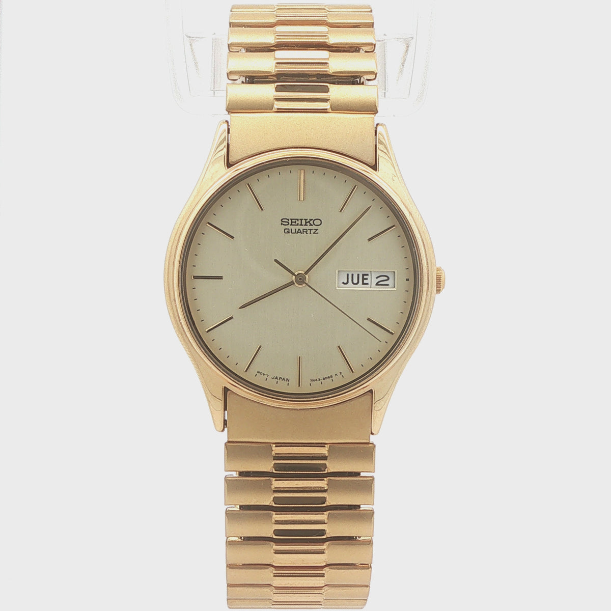 Vintage Estate Seiko Men’s Gold-Tone Quartz Day-Date Watch – 32mm – Expansion Band – Box & Papers