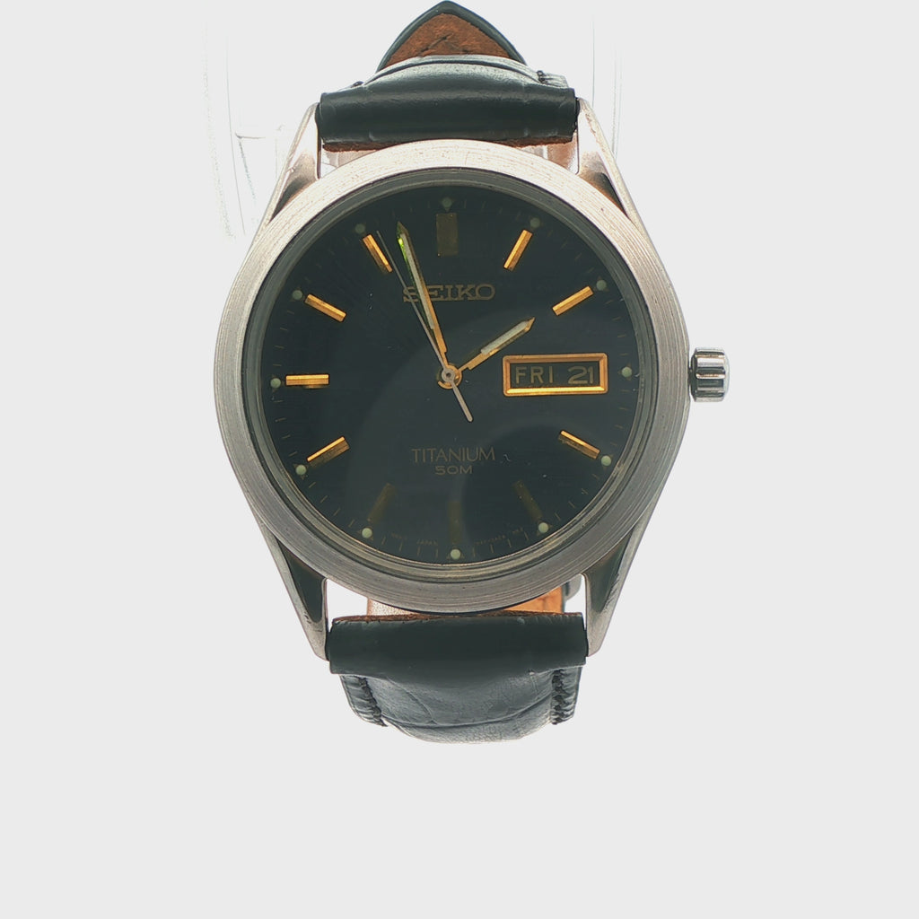 Seiko Titanium 50M Men's Watch-Blue Dial,Day-Date Leather band