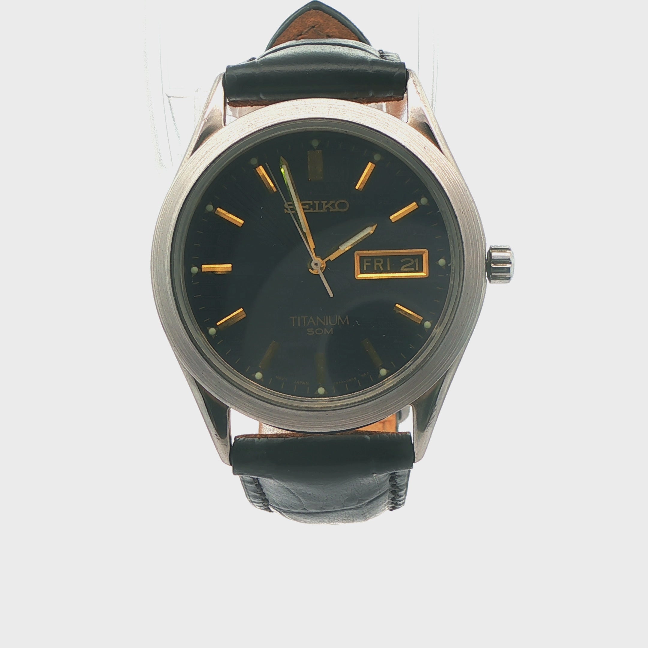 Seiko Titanium 50M Men's Watch-Blue Dial,Day-Date Leather band