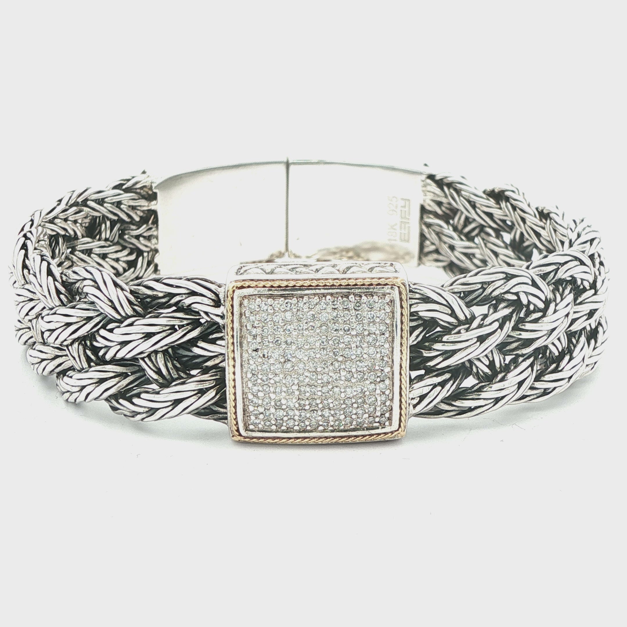 Estate 925 Sterling Silver & 18k Yellow Gold  braided chain Diamond Bracelet