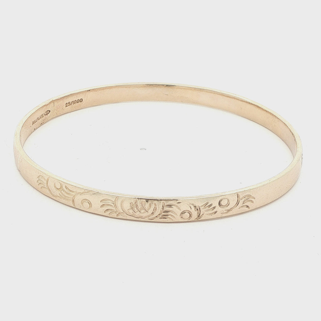 Estate Vintage Gold-Plated Engraved Floral Slip-On Bangle Bracelet – Stamped 25/1000
