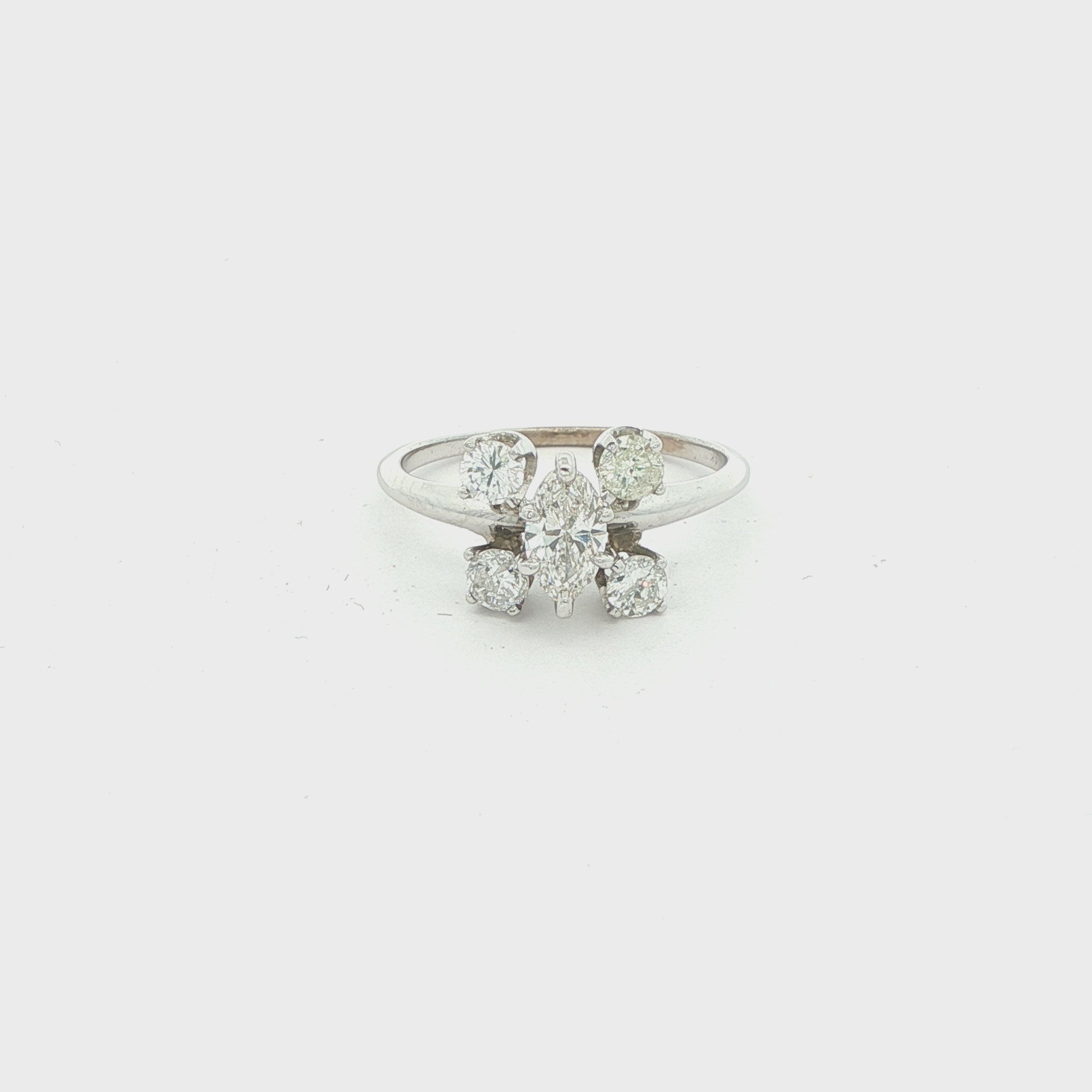 14K White Gold 1.00 CTW Diamond Marquis & Round Cluster Ring – F/G Color – Modern Era – Size 5