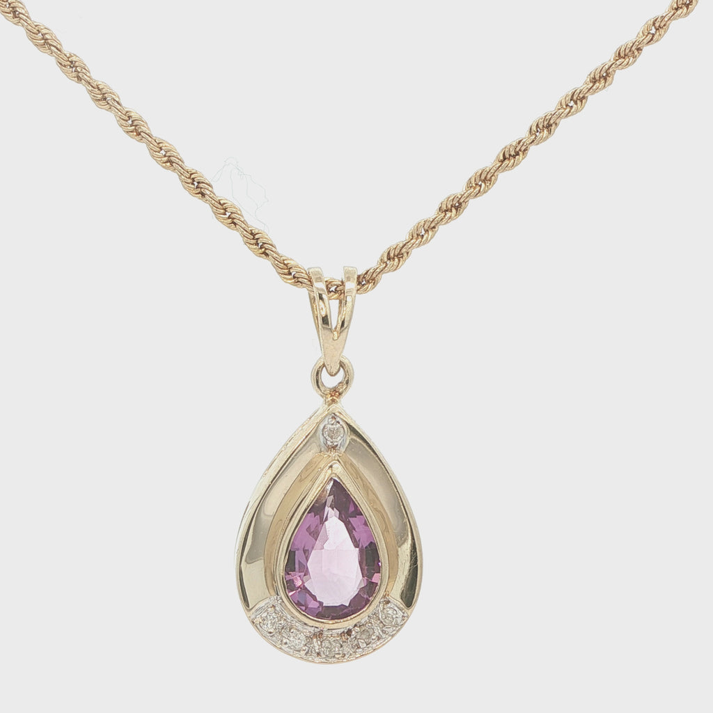 Estate 1990s 14K Yellow Gold Pear AAA Amethyst Pendant Lavender Color with Diamond Accents – Approx. 2.00 Carat