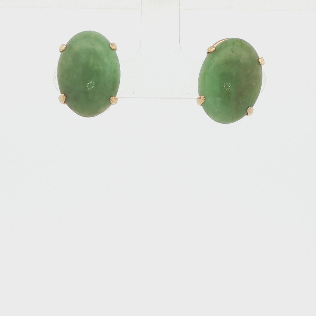 Circa 1950s–1960s Vintage Estate Natural Jade 14K Yellow Gold Clip-On Earrings with Oval Cabochons