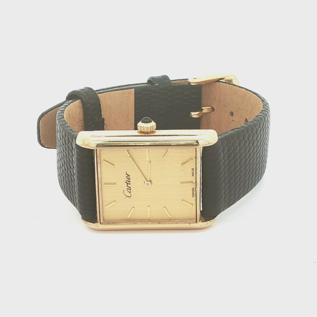 Estate Vintage 1970s Cartier Swiss 18K Gold Electroplated Mechanical Dress Watch Black Lizard-Grain Strap
