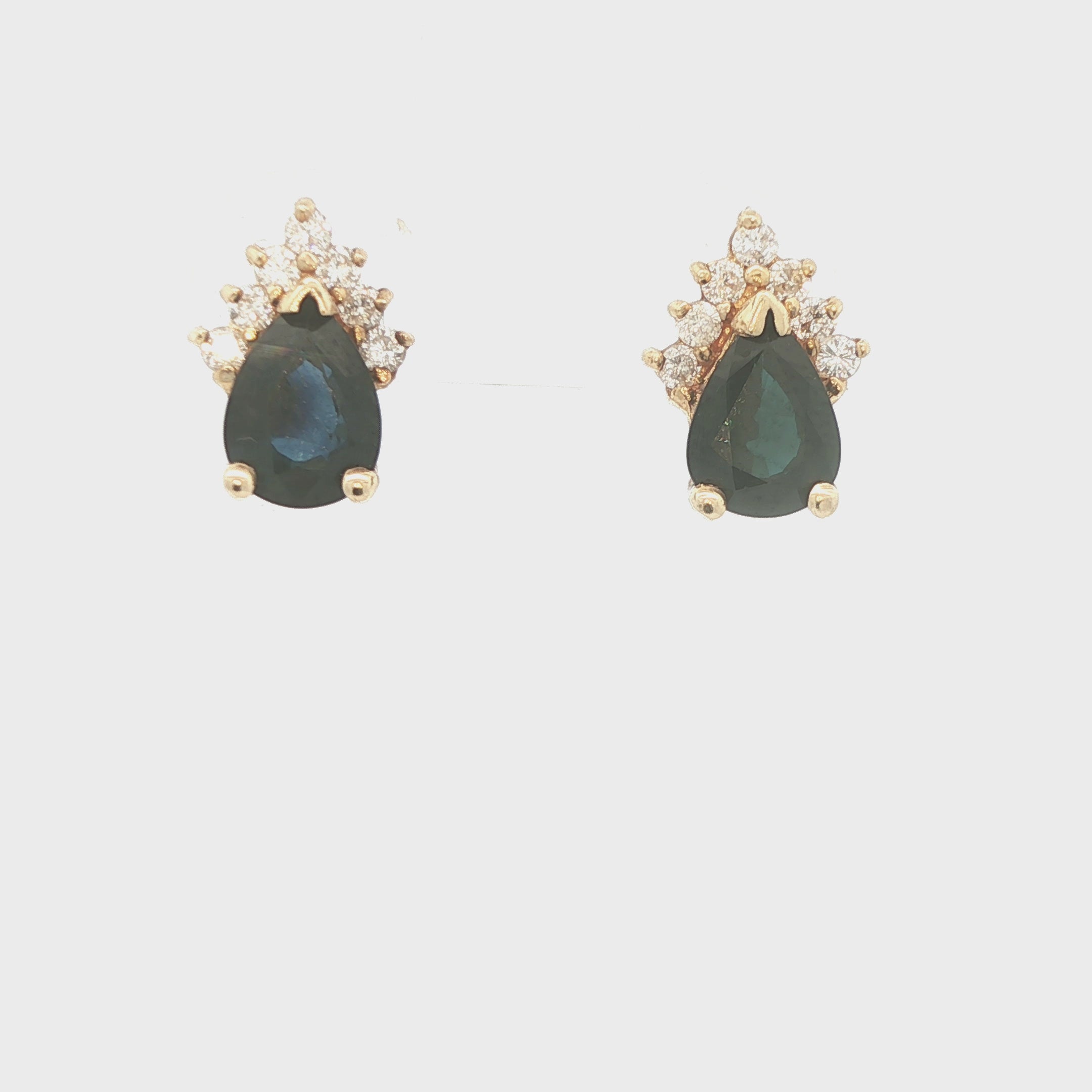 Estate 1990s 14K Yellow Gold Natural Sapphire & Diamond Pear Stud Earrings
