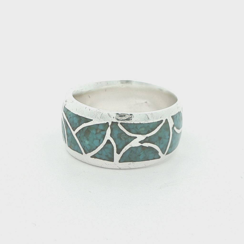Estate Silver Natural Turquoise Inlay Ring Size 10 – 11mm Wide