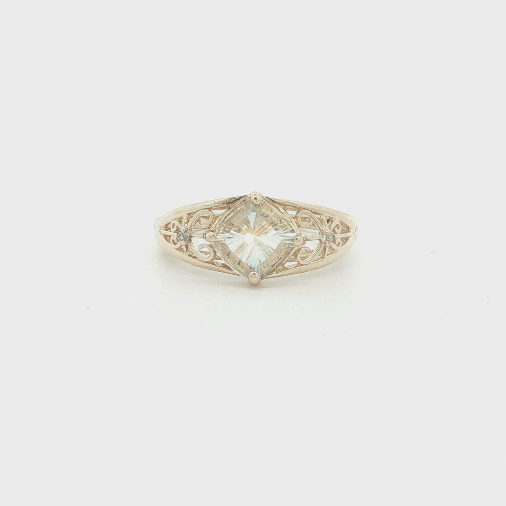 14K Yellow Gold Aquamarine & Diamond Filigree Ring – Size 7.25