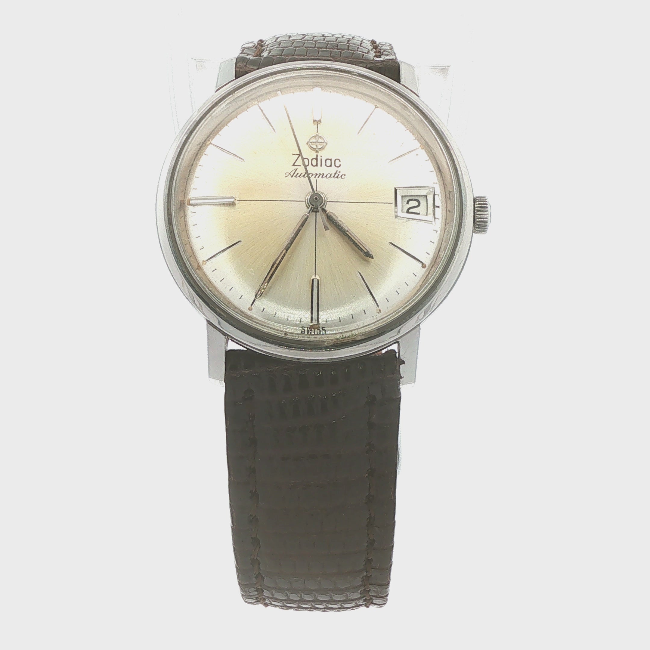 Estate 1960s–1970s Vintage Zodiac Automatic Date Stainless Steel Champagne Dial Dress Watch