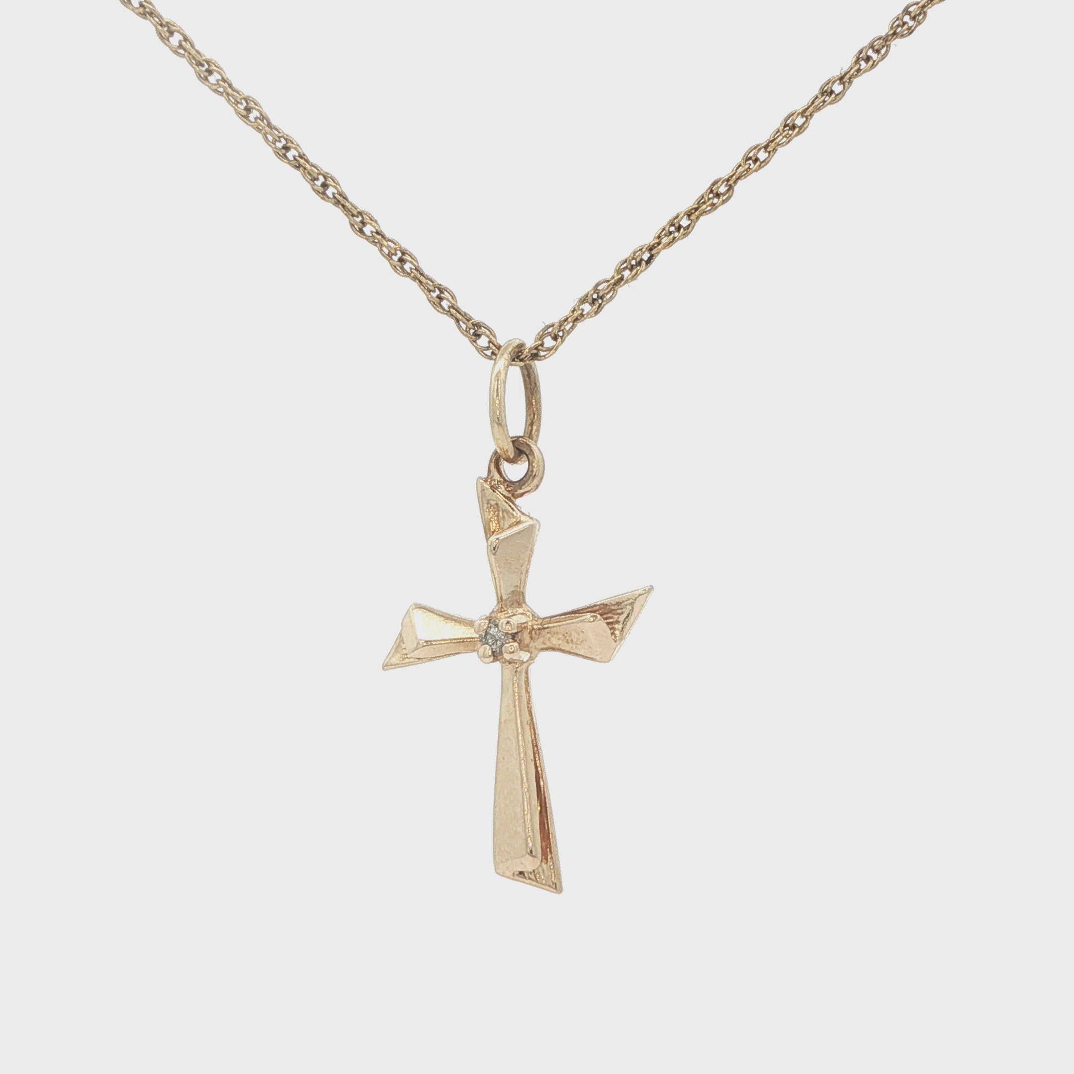 Estate 14K Yellow Gold Diamond Cross Pendant – Circa 1980s – 0.005 CT – 22.3mm