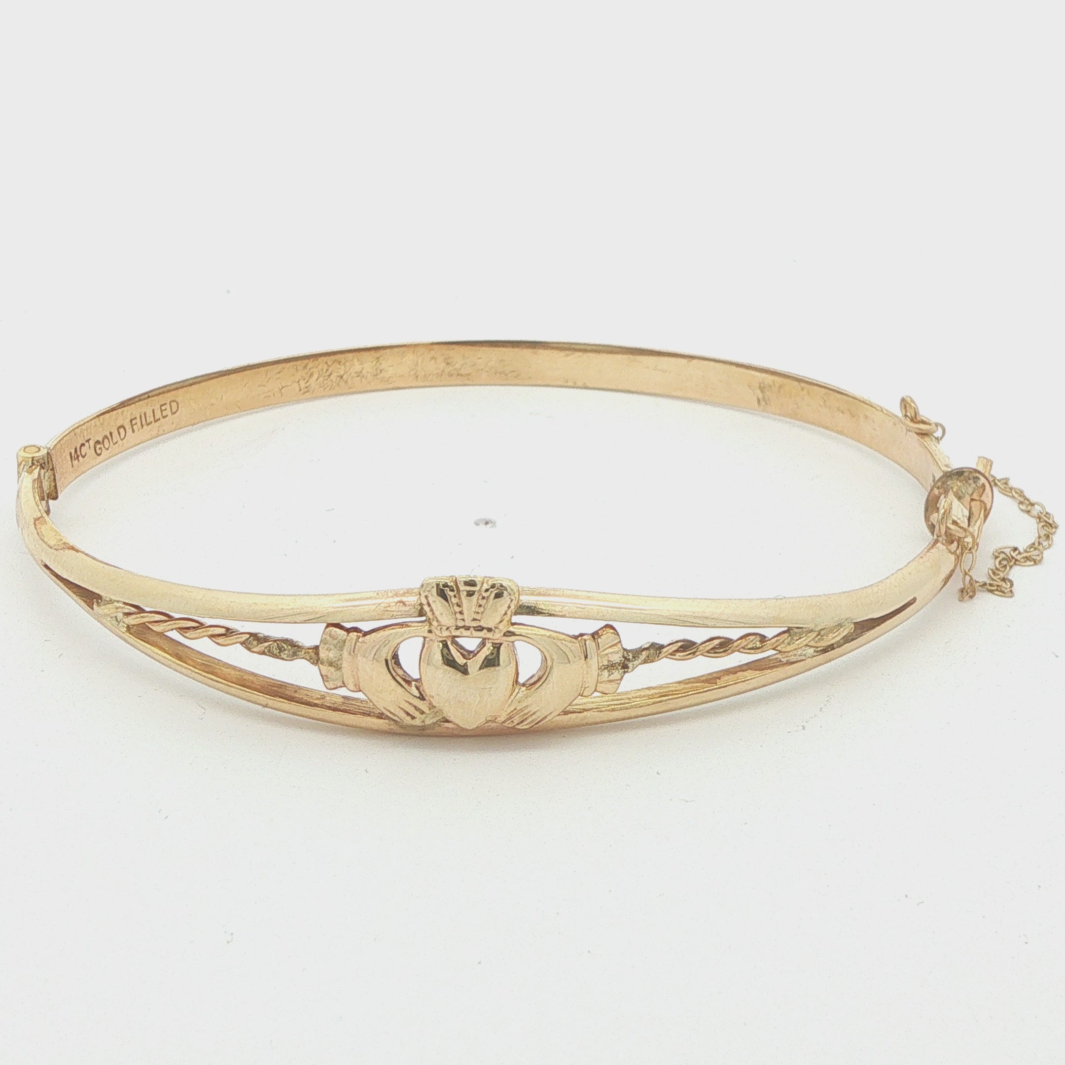 Estate Vintage 14CT Gold Filled Irish Claddagh Hinged Bangle Bracelet with Safety Chain