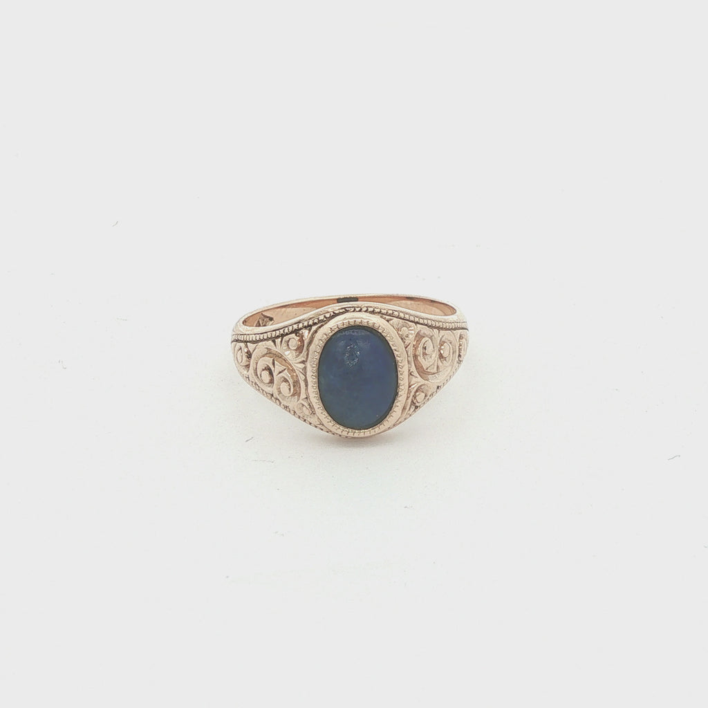 Vintage Estate Natural Lapis Lazuli 10K Yellow Gold Scrollwork Ring