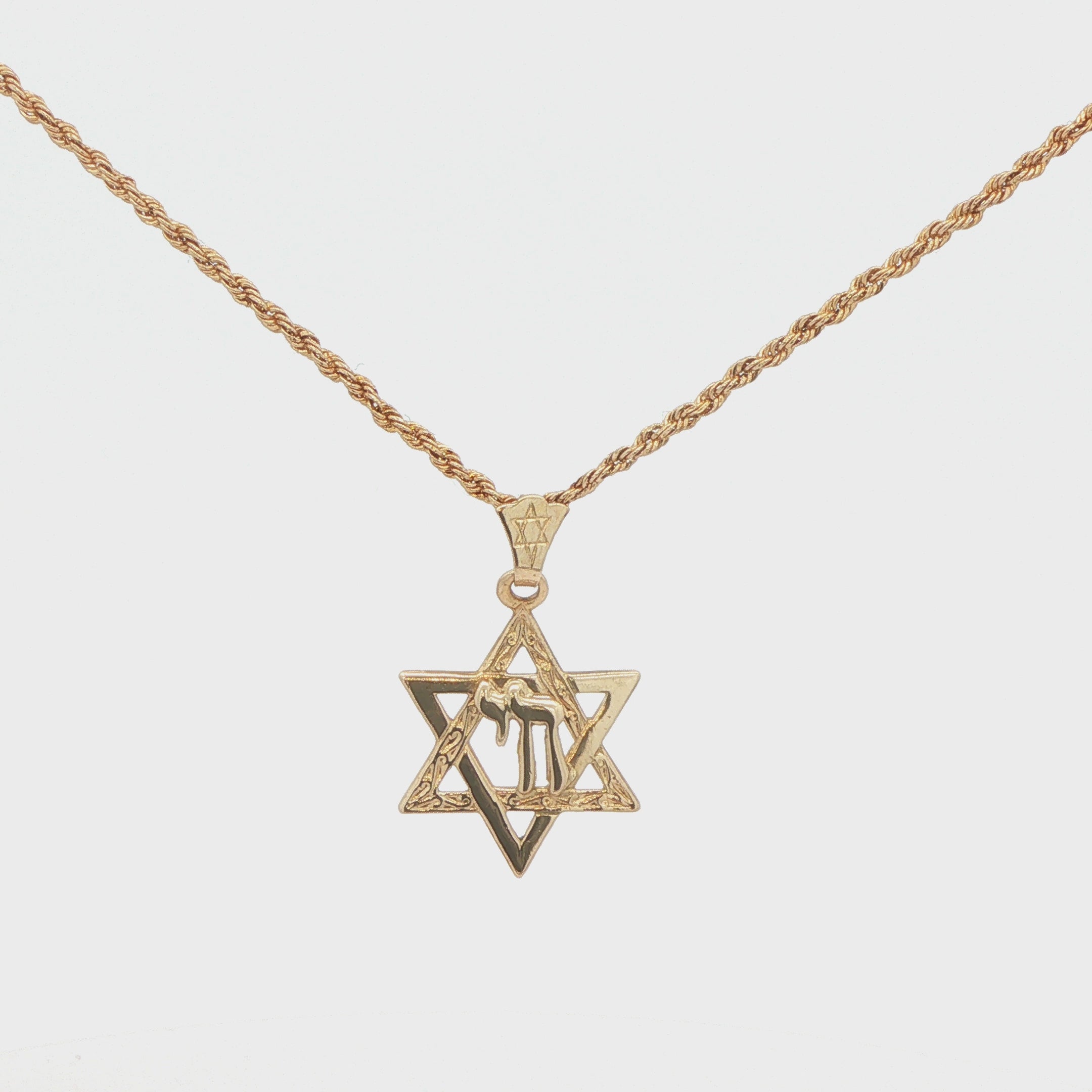 14K Yellow Gold Star of David Chai Pendant – 19mm Estate Jewish Jewelry