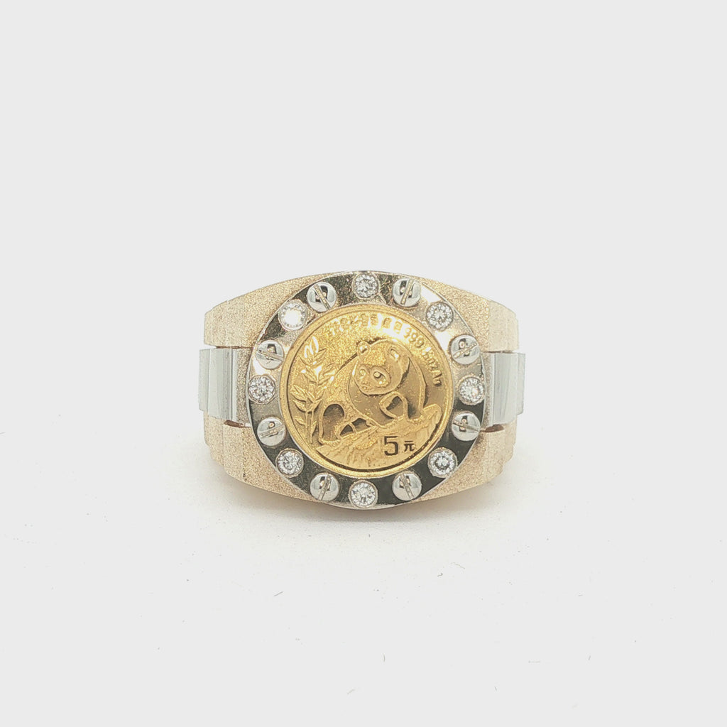 Estate 14K Yellow Gold Chinese Panda Coin Ring with Approx 1/2 CTW Diamonds Size 12
