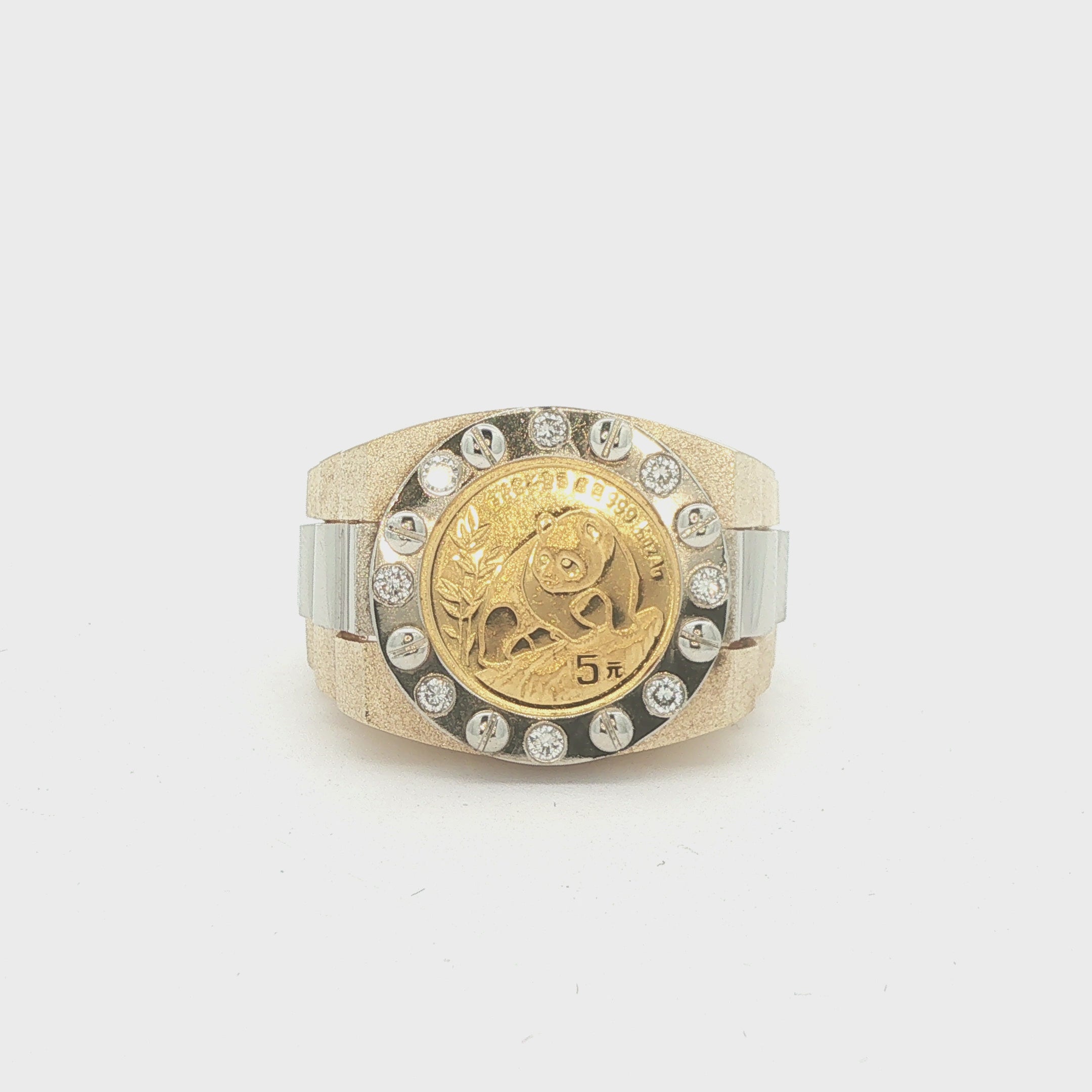 Estate 14K Yellow Gold Chinese Panda Coin Ring with Approx 1/2 CTW Diamonds Size 12