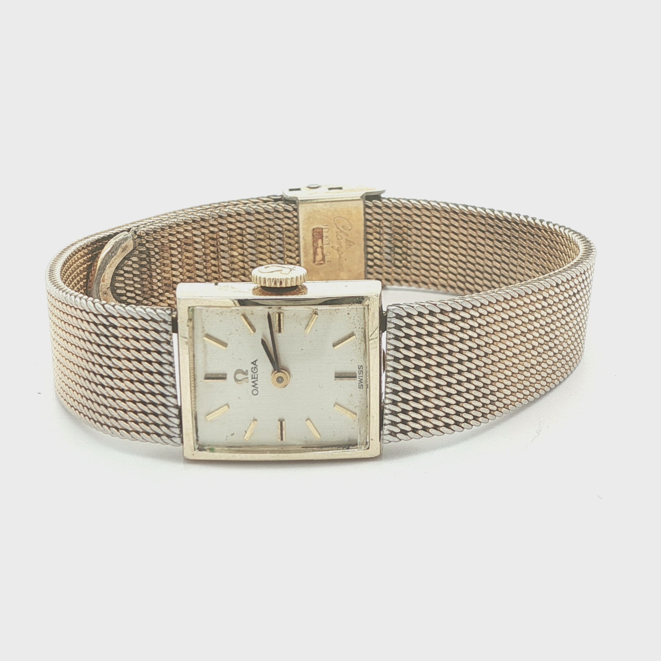 Estate 1960s Vintage Omega Ladies 14K Gold Filled Square Mesh Bracelet Watch