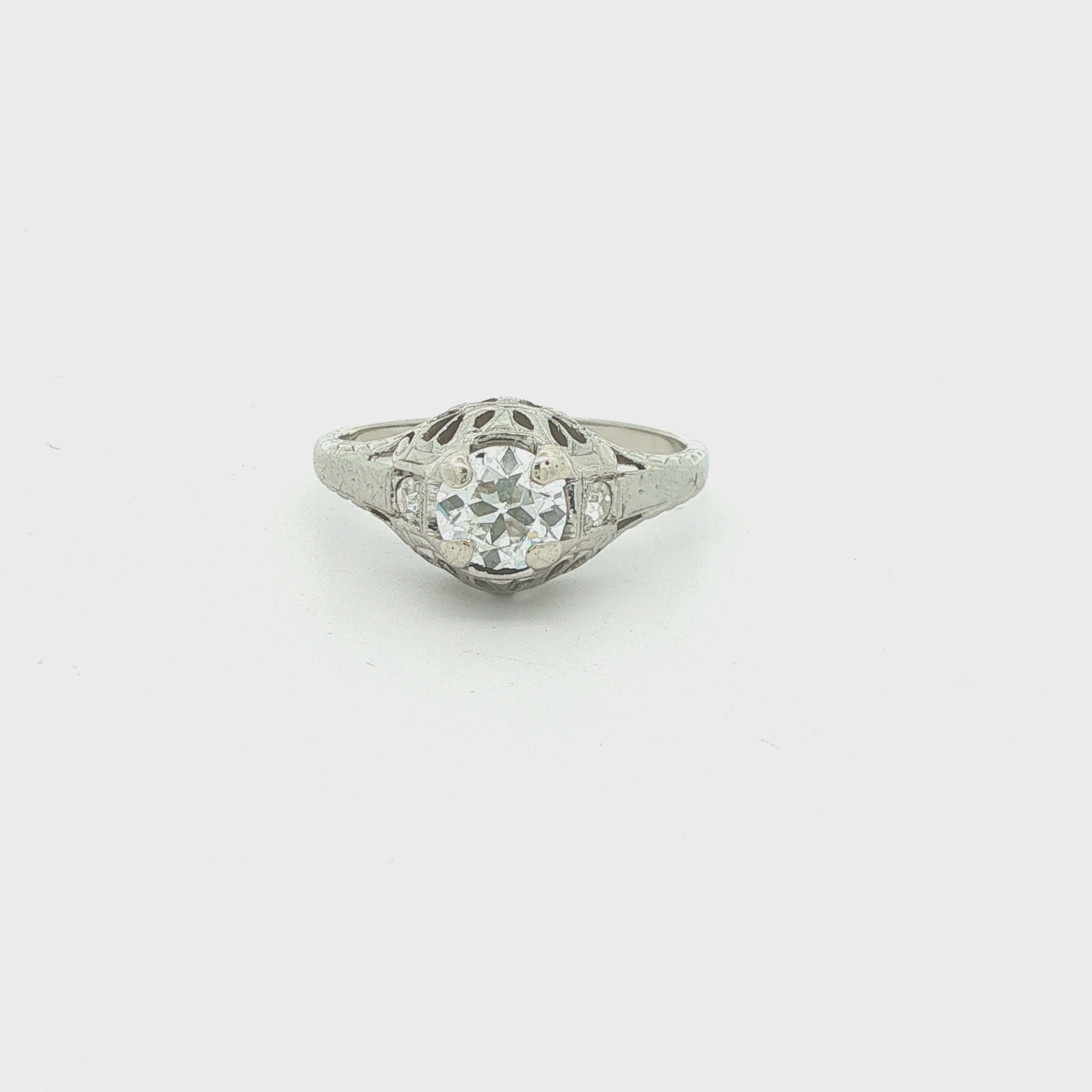 Estate Circa 1920s 18K White Gold Mine Cut Diamond Filigree Ring Size 5.25