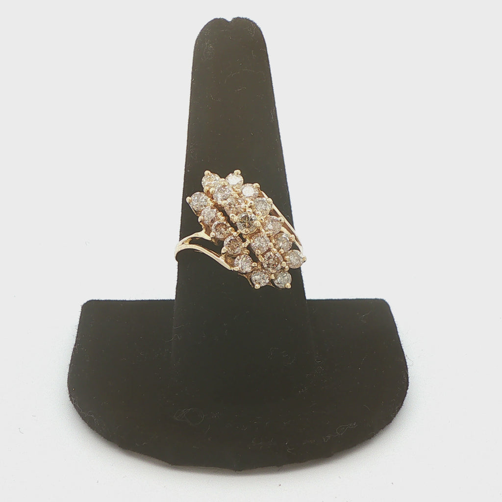 Vintage 1980s–1990s 14K Yellow Gold 1.90 CTW Natural Diamond Waterfall Cluster Ring – Size 8.5