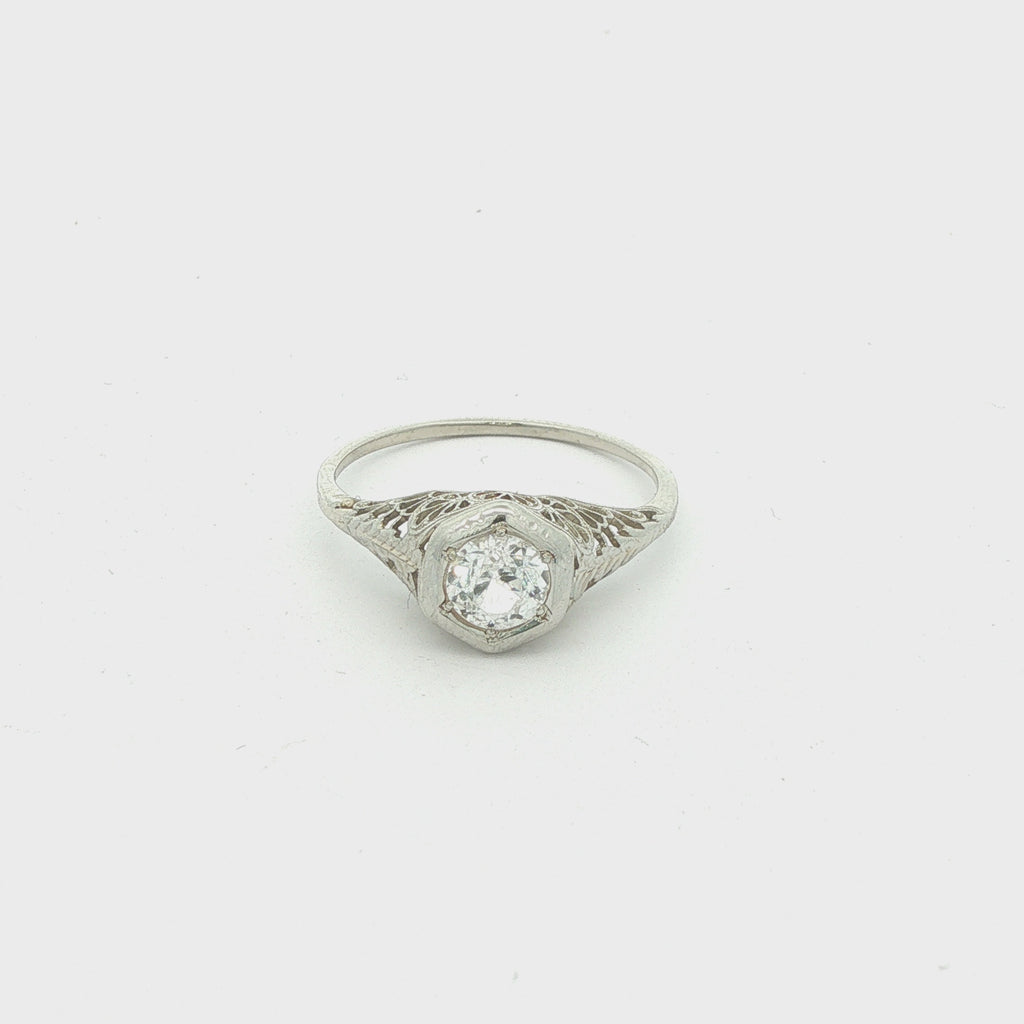 Estate c. 1920s–1930s 18K White Gold Clear Sapphire Filigree Ring Size 9.5