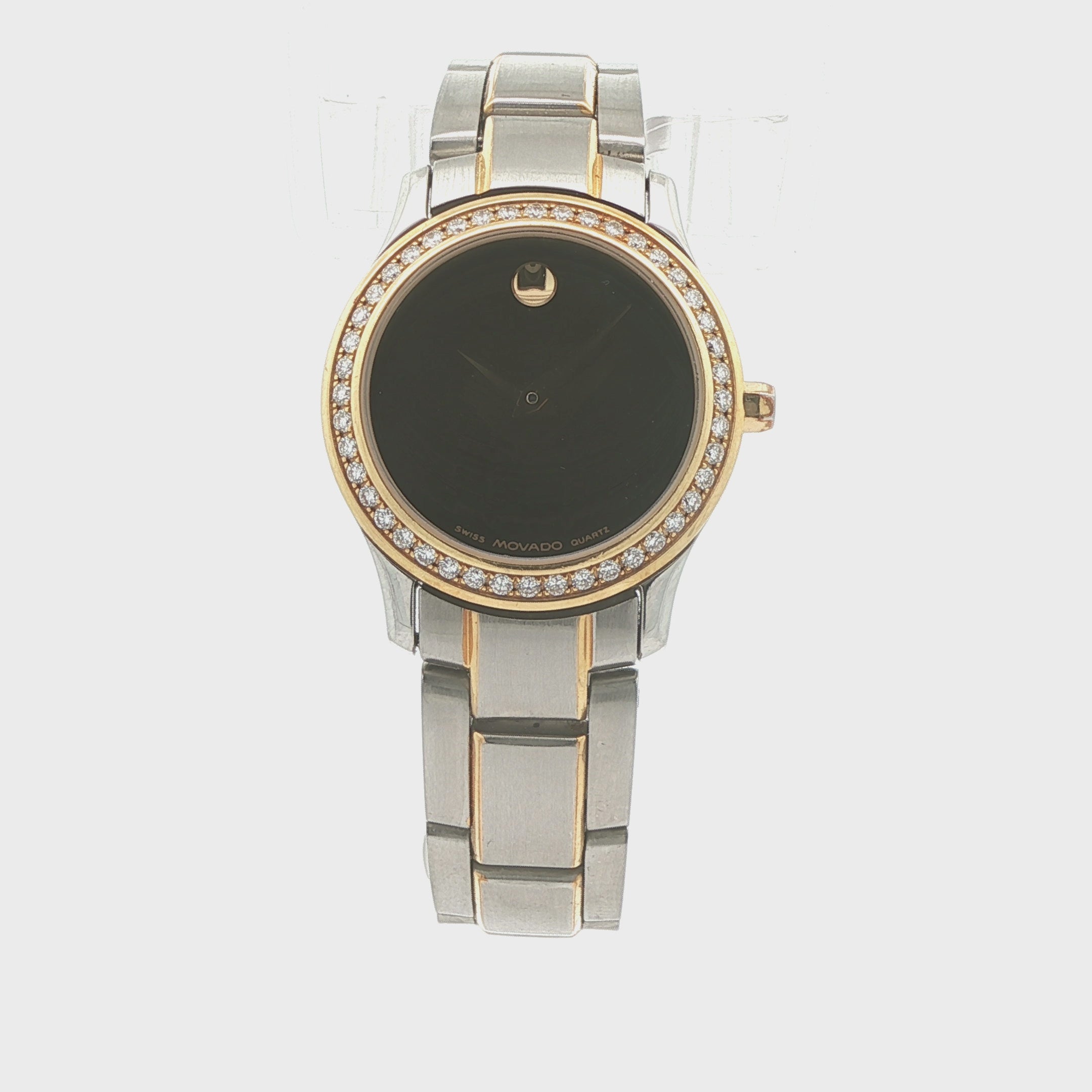 Estate Movado 85-G4-825 Quartz Diamond Bezel Two-Tone Black Dial Watch Circa 2000s