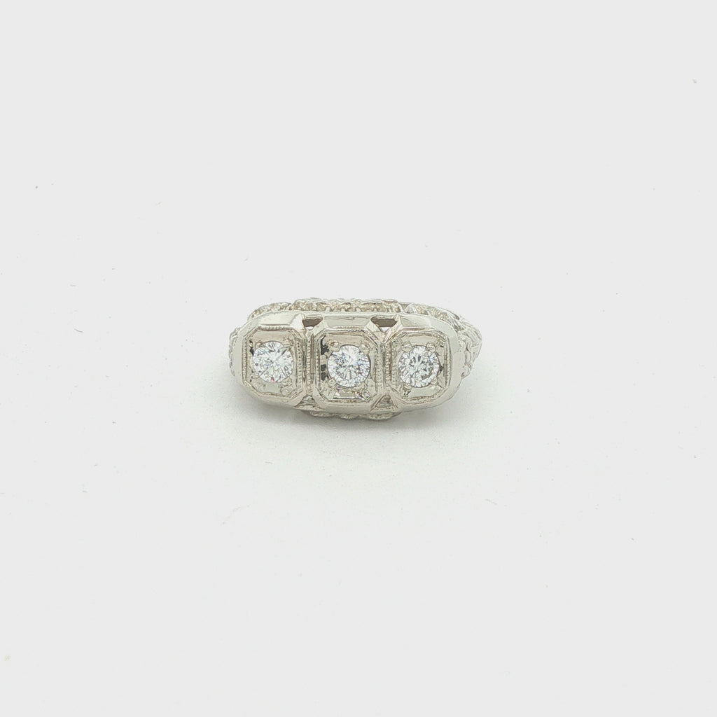 Estate Vintage Approx. 1/2 CTW Natural Diamond Three-Stone Filigree Ring