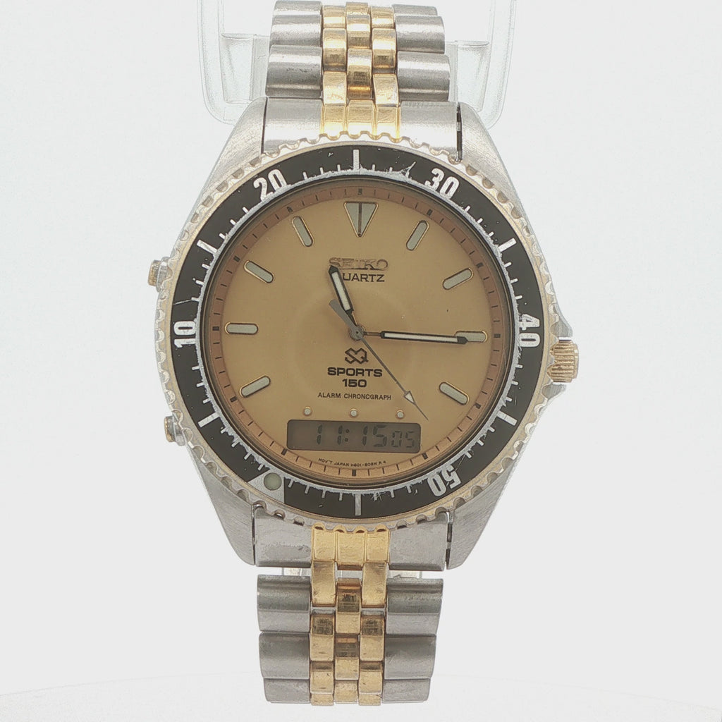 Vintage 1993 Seiko Sports 150 H601 Two-Tone Alarm Chronograph Ana-Digi Estate Watch