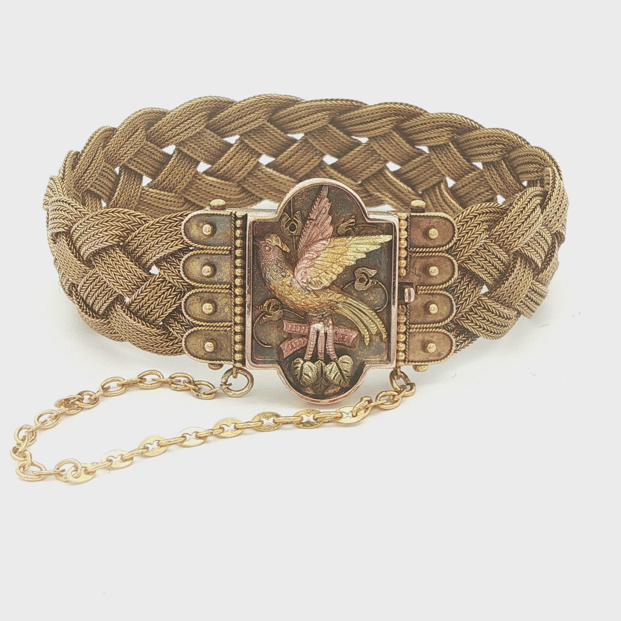 ESTATE Antique c. 1870 Victorian 18K Yellow Gold Woven Mesh Bird Motif Bracelet
