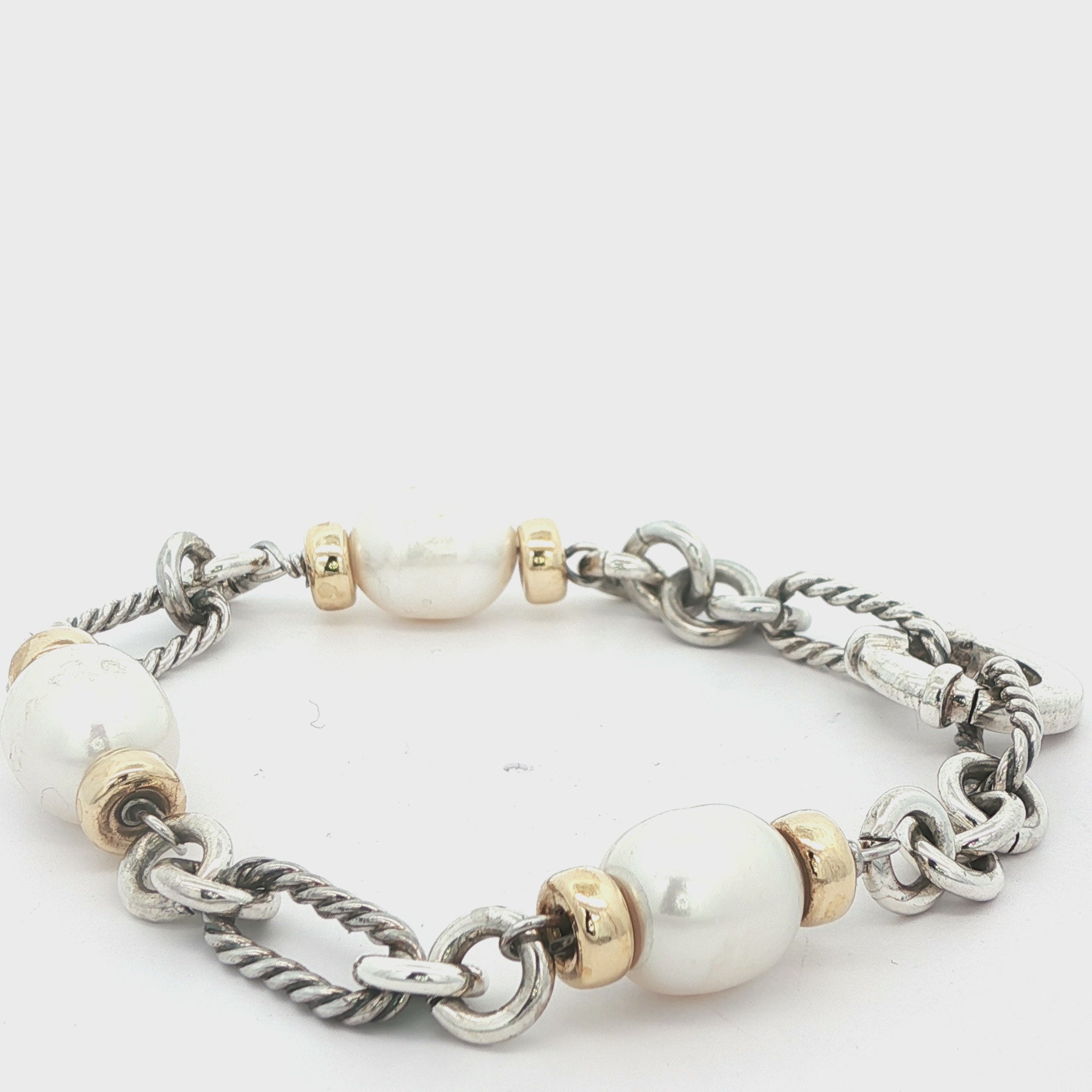 David Yurman Estate Pearl Cable Link Bracelet in Sterling Silver & 14K Gold, c. 1998