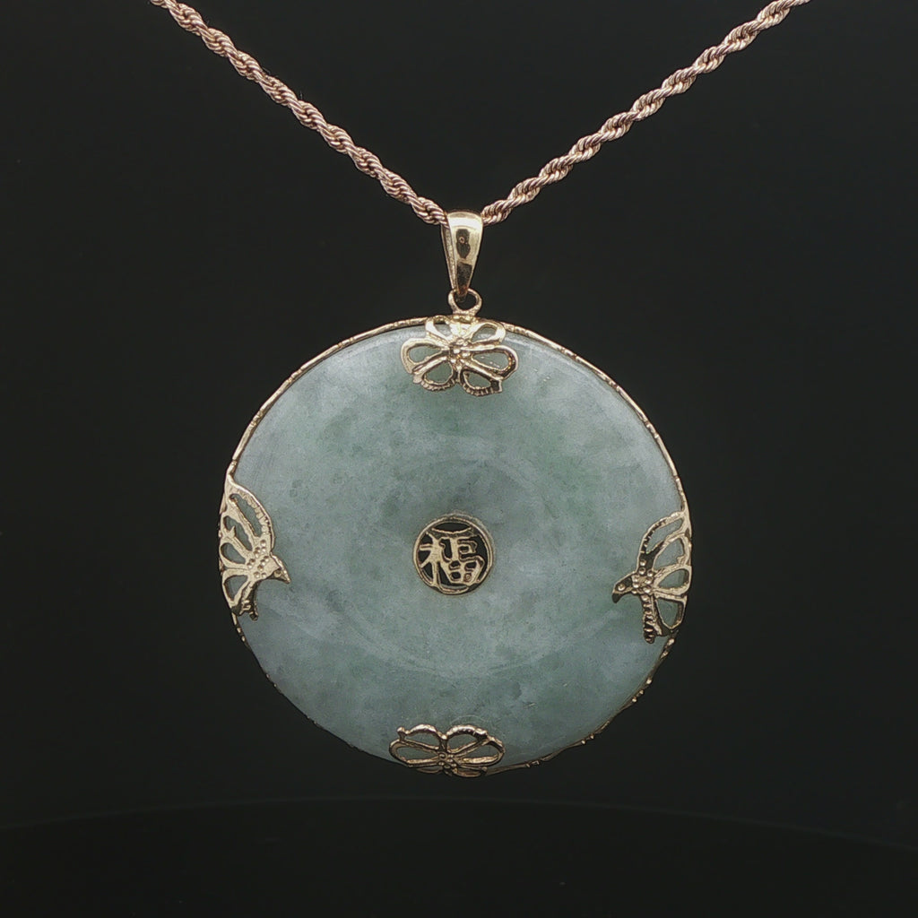 Vintage c. 1970s Natural Jade Butterfly Fu Pendant in 14K Yellow Gold