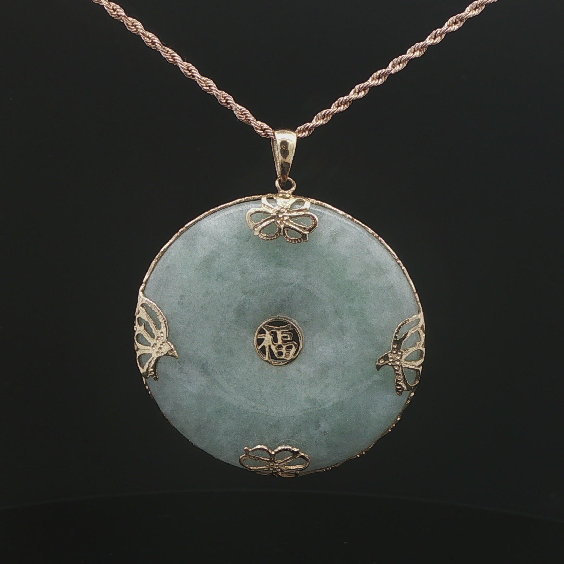 Vintage c. 1970s Natural Jade Butterfly Fu Pendant in 14K Yellow Gold