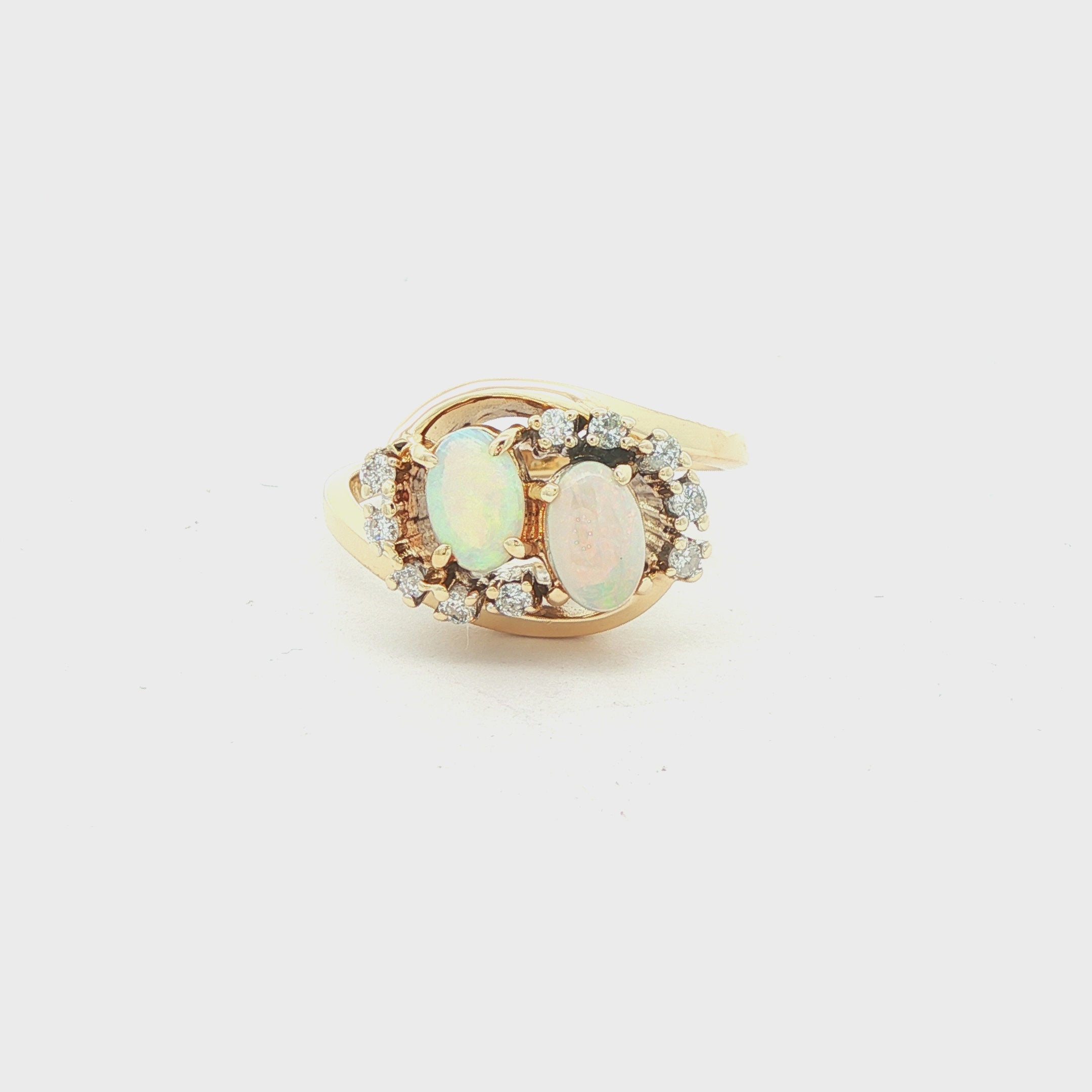 14K Yellow Gold Two Stone Opal Diamond Swirl Ring