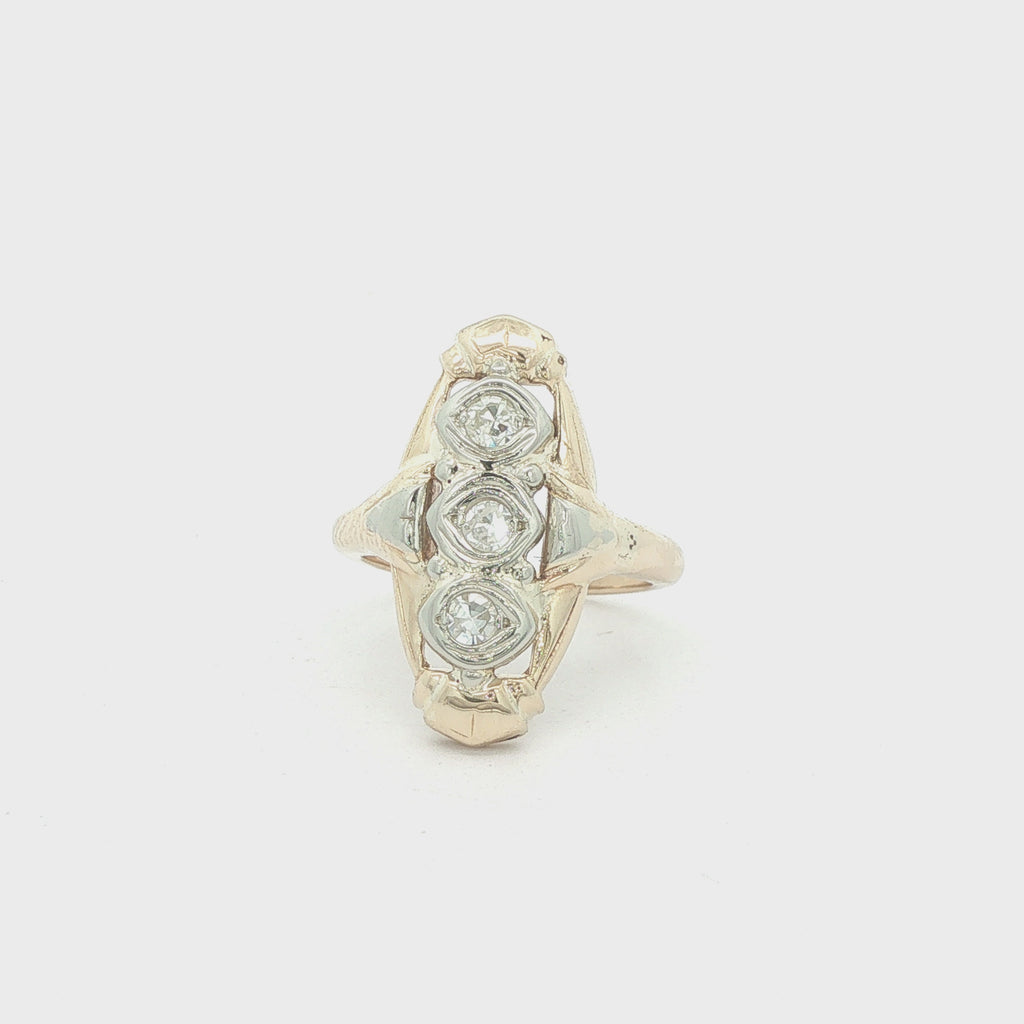 Estate Vintage 1970s 14K Two Tone Three Old Mine Cut Diamond Navette Ring