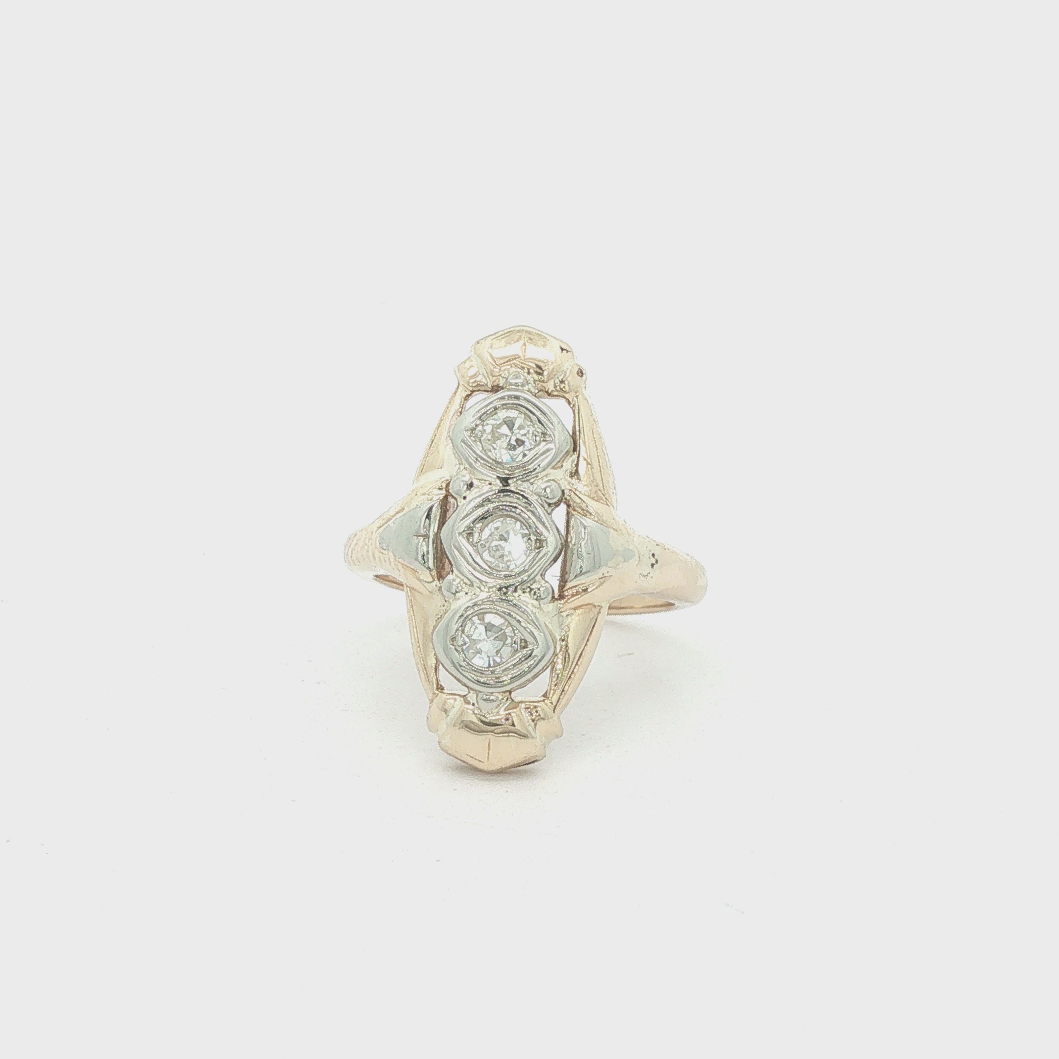 Estate Vintage 1970s 14K Two Tone Three Old Mine Cut Diamond Navette Ring
