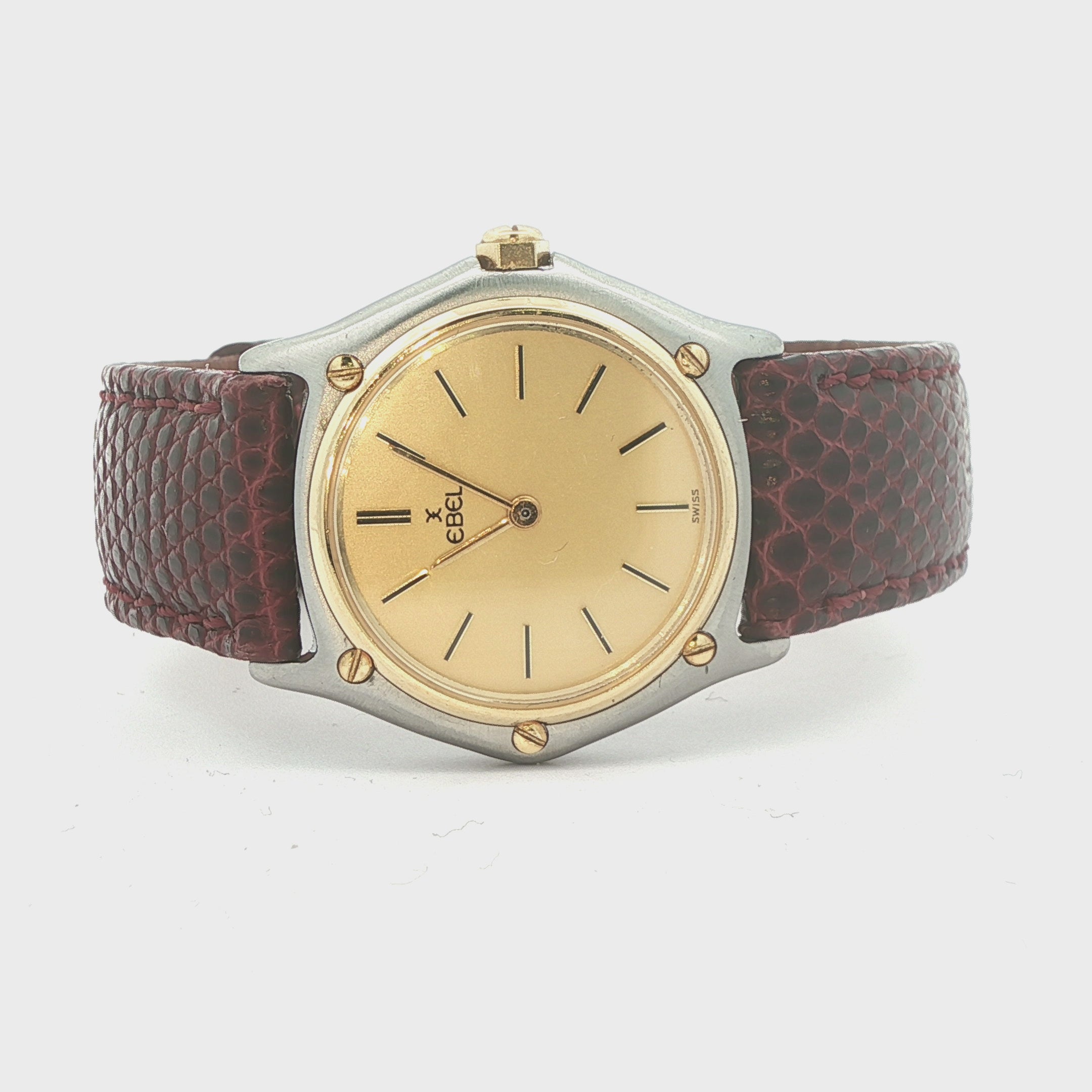 Estate Vintage Ebel Swiss Quartz Wristwatch - Gold-Tone Dial with Lizard Leather Strap