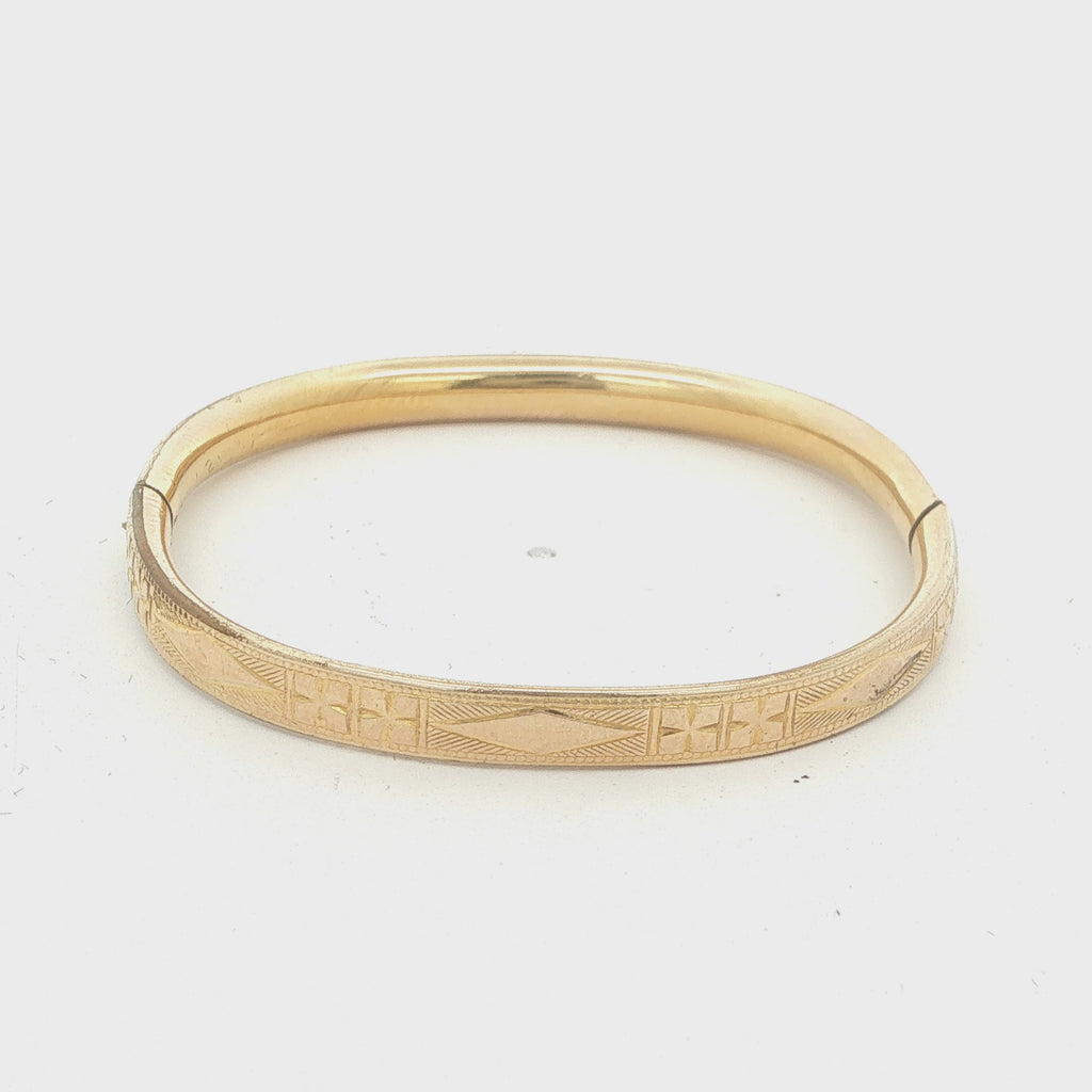 Circa 1950s–1960s Estate Baby Gold Filled Engraved Hinged Bangle Bracelet 40mm
