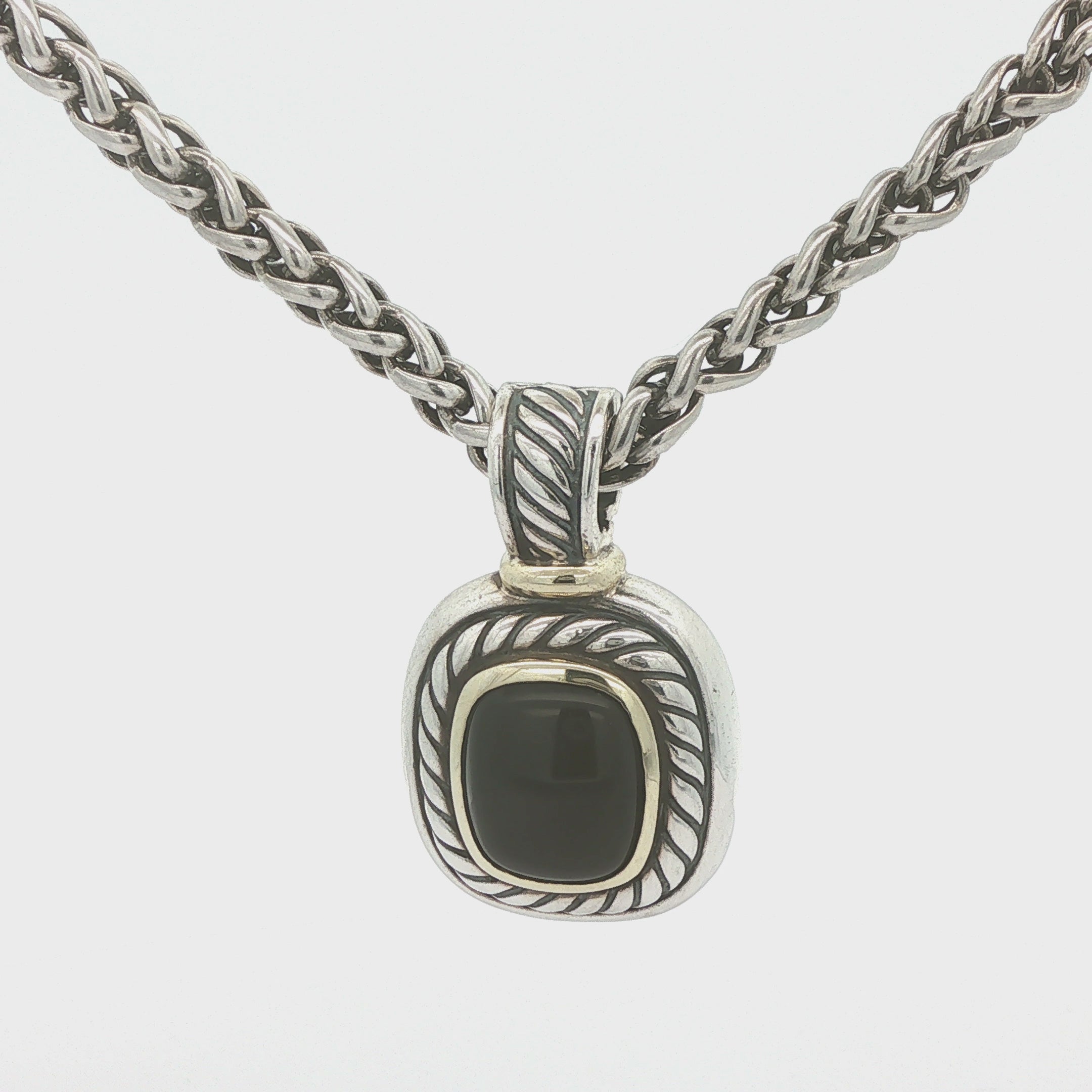ESTATE David Yurman Albion Black Onyx Pendant & Sterling Silver Wheat Chain
