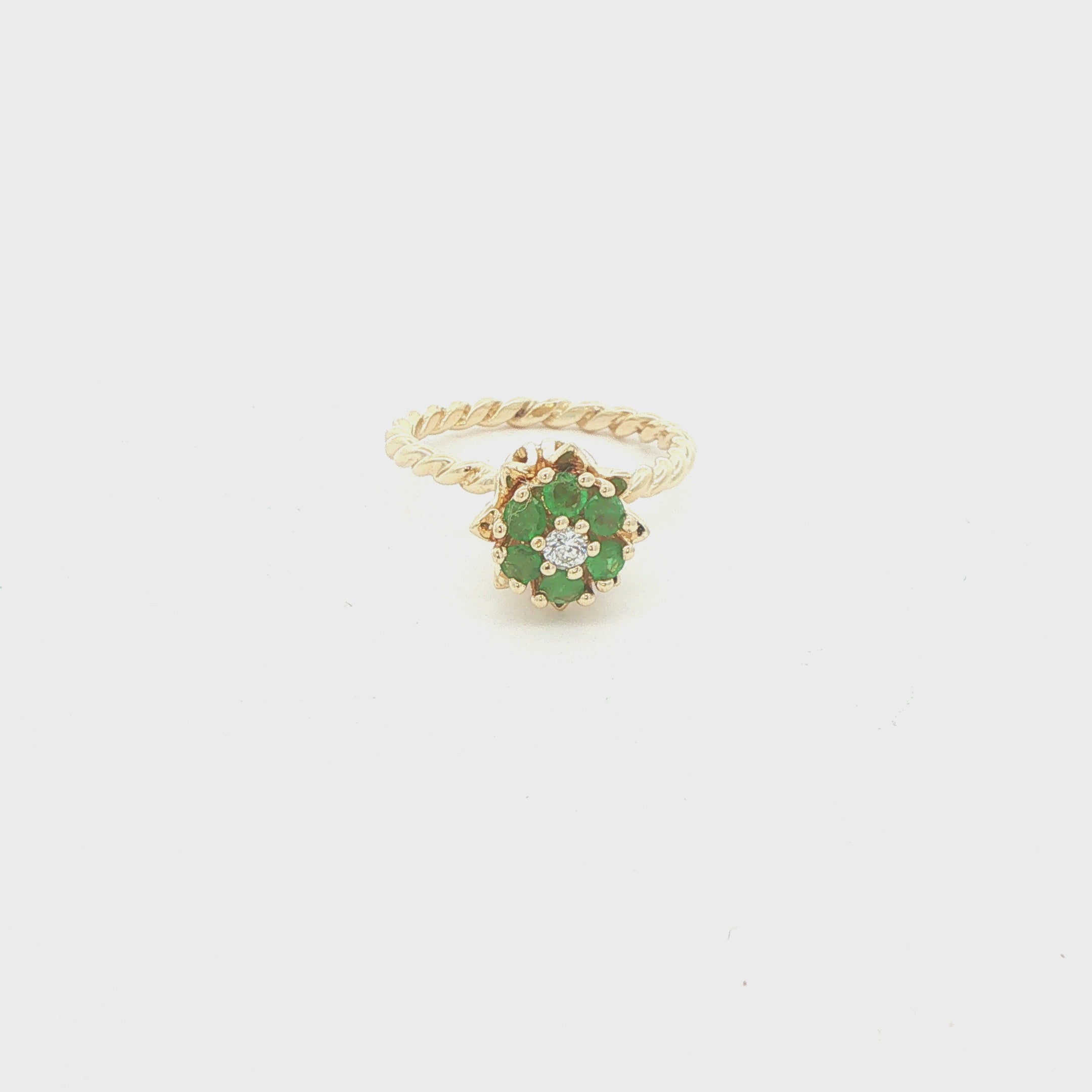 Circa 1980s Estate 14K Yellow Gold Natural Emerald & Diamond Flower Cluster Ring Size 6